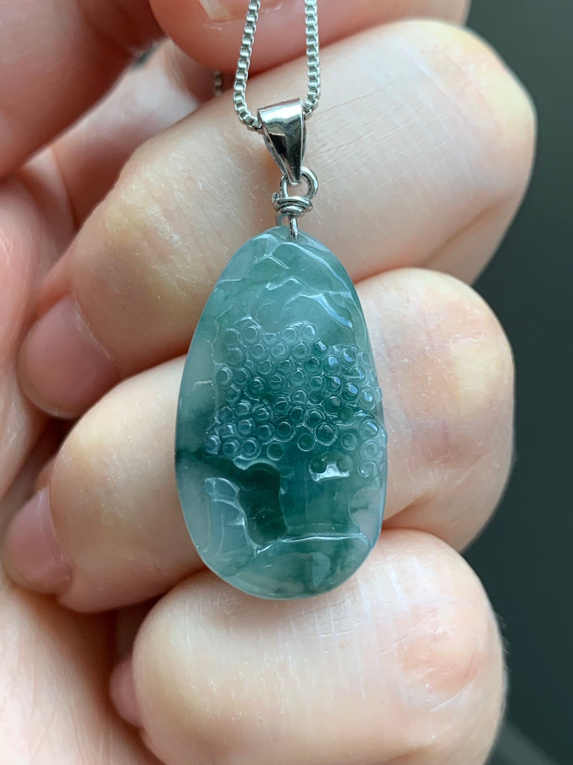 Natural Burmese Icy Translucent Gelatinous Teal Green Marbled Jadeite Shan Shui Pai Landscape Pendant Sterling Silver 4g 天然缅甸冰胶飘花翡翠山水牌吊坠