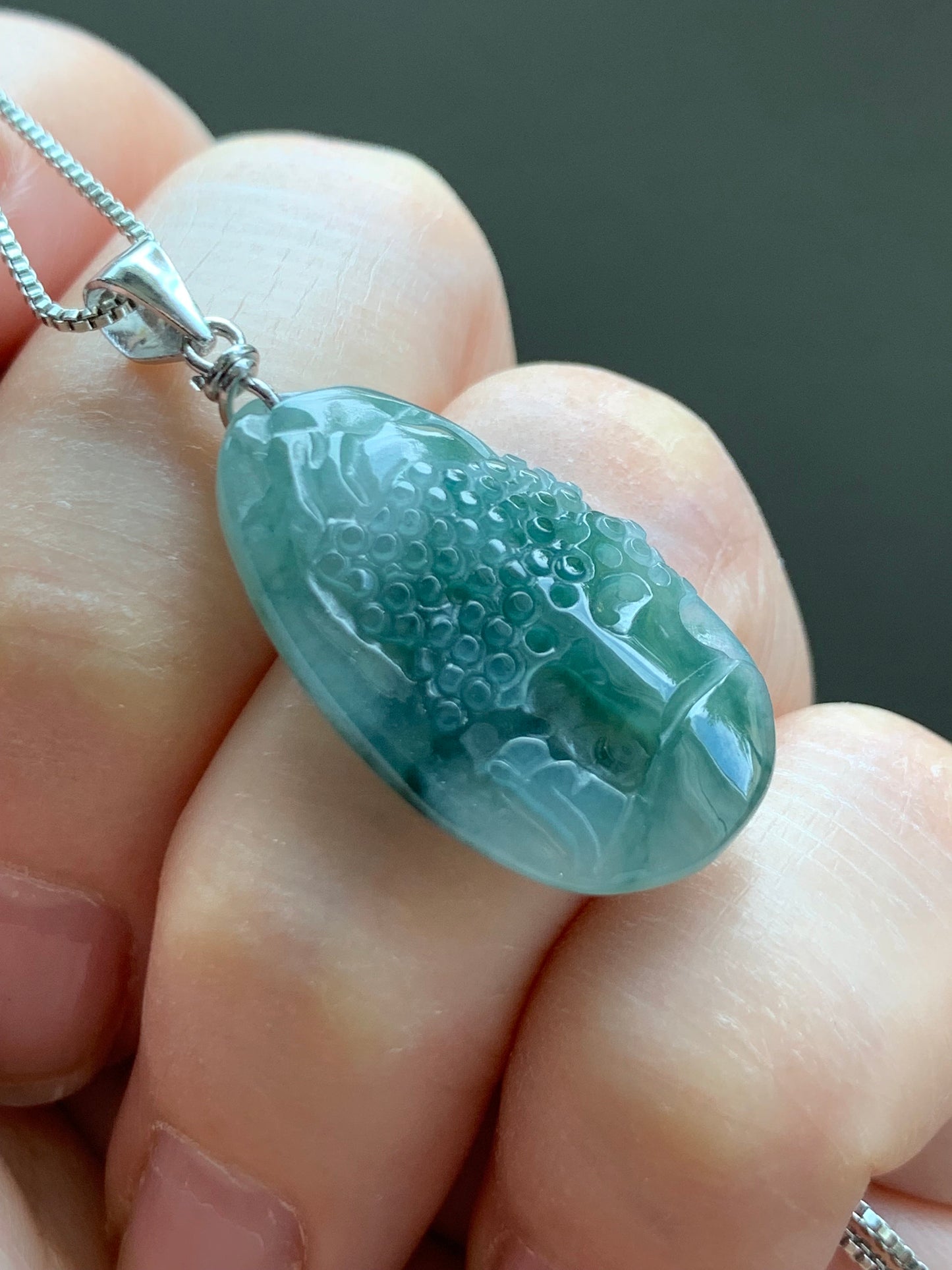 Natural Burmese Icy Translucent Gelatinous Teal Green Marbled Jadeite Shan Shui Pai Landscape Pendant Sterling Silver 4g 天然缅甸冰胶飘花翡翠山水牌吊坠