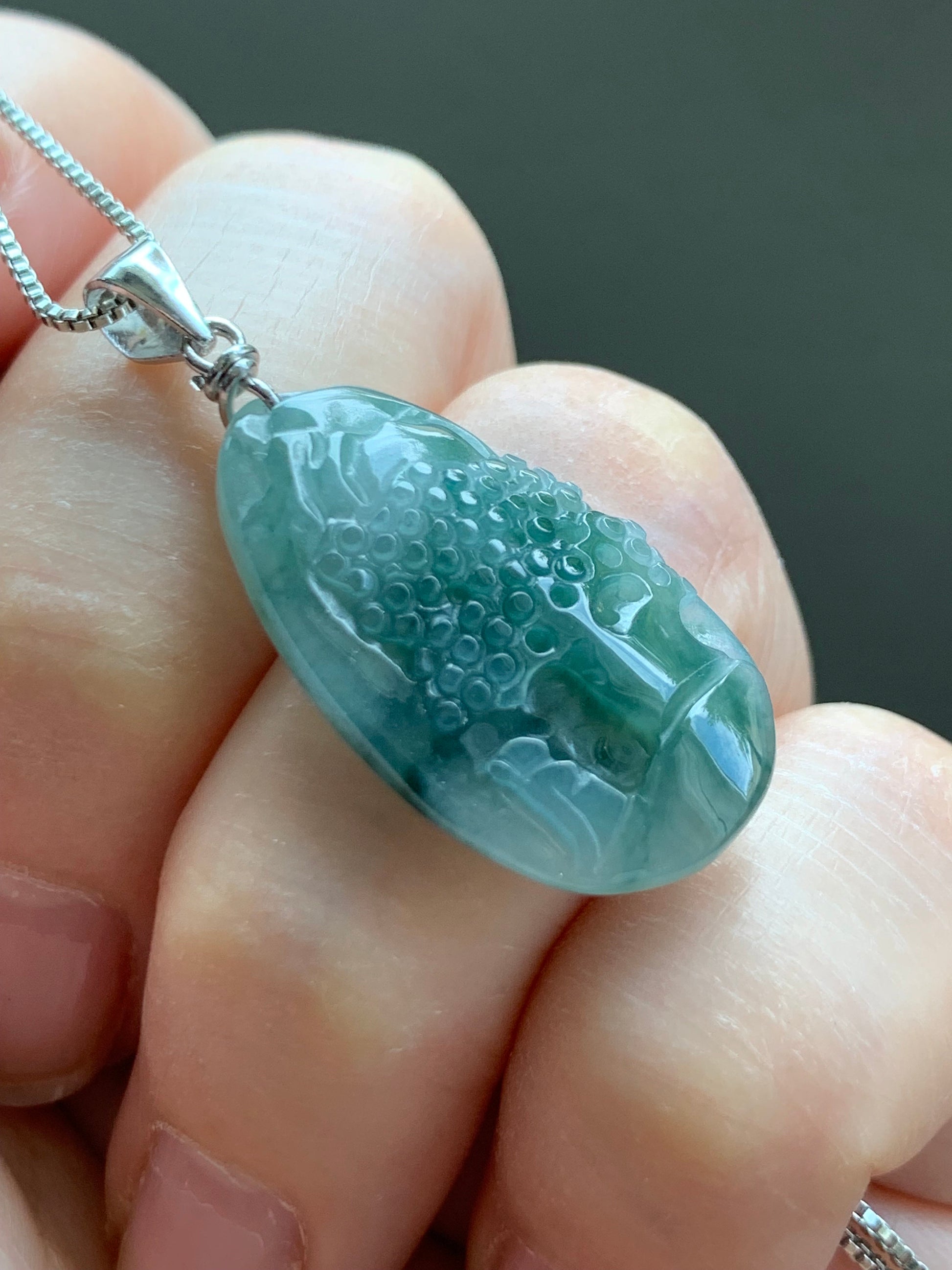 Natural Burmese Icy Translucent Gelatinous Teal Green Marbled Jadeite Shan Shui Pai Landscape Pendant Sterling Silver 4g 天然缅甸冰胶飘花翡翠山水牌吊坠