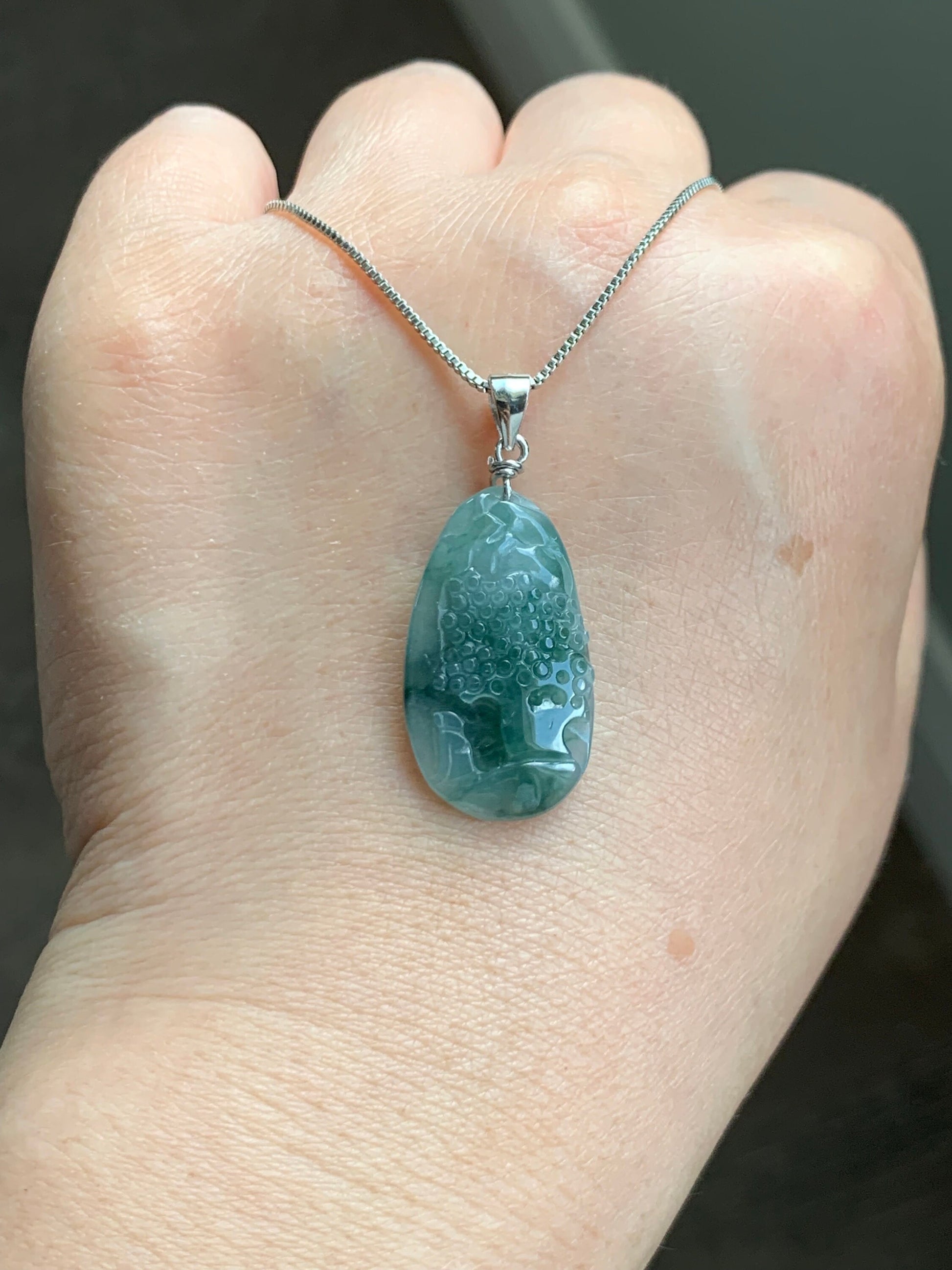 Natural Burmese Icy Translucent Gelatinous Teal Green Marbled Jadeite Shan Shui Pai Landscape Pendant Sterling Silver 4g 天然缅甸冰胶飘花翡翠山水牌吊坠