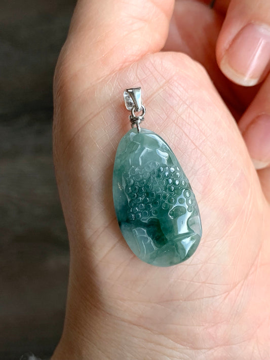 Natural Burmese Icy Translucent Gelatinous Teal Green Marbled Jadeite Shan Shui Pai Landscape Pendant Sterling Silver 4g 天然缅甸冰胶飘花翡翠山水牌吊坠