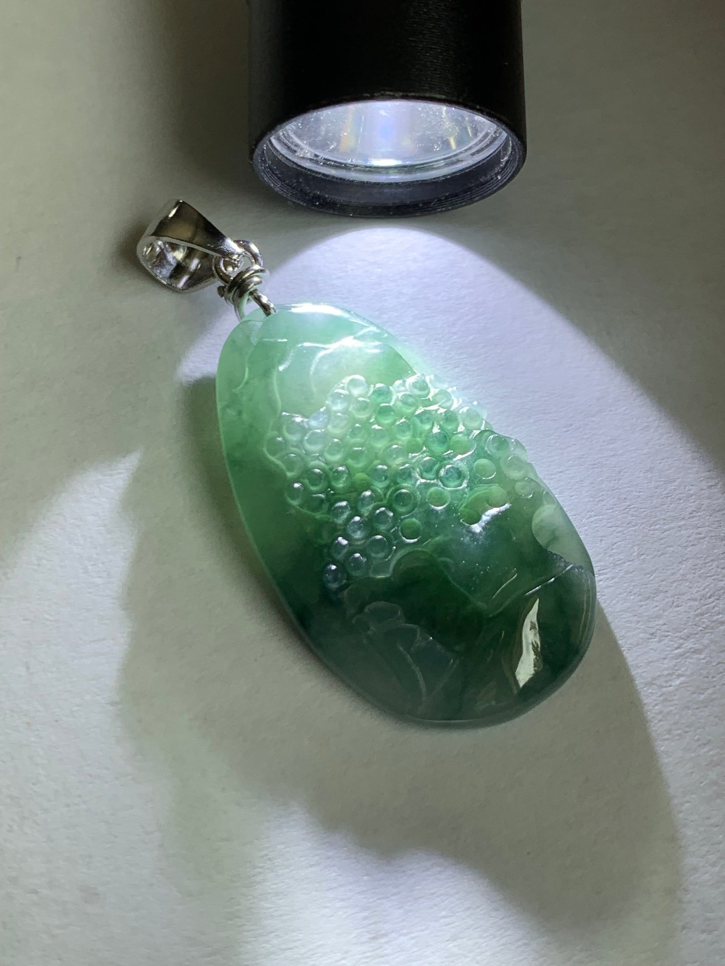 Natural Burmese Icy Translucent Gelatinous Teal Green Marbled Jadeite Shan Shui Pai Landscape Pendant Sterling Silver 4g 天然缅甸冰胶飘花翡翠山水牌吊坠