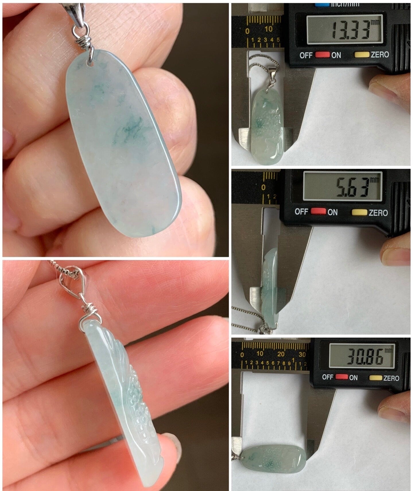 Natural Burmese Icy Translucent Gelatinous Slight Green Marbled Jadeite Shan Shui Pai Landscape Pendant Sterling Silver 5g 天然缅甸冰胶飘花翡翠山水牌吊坠