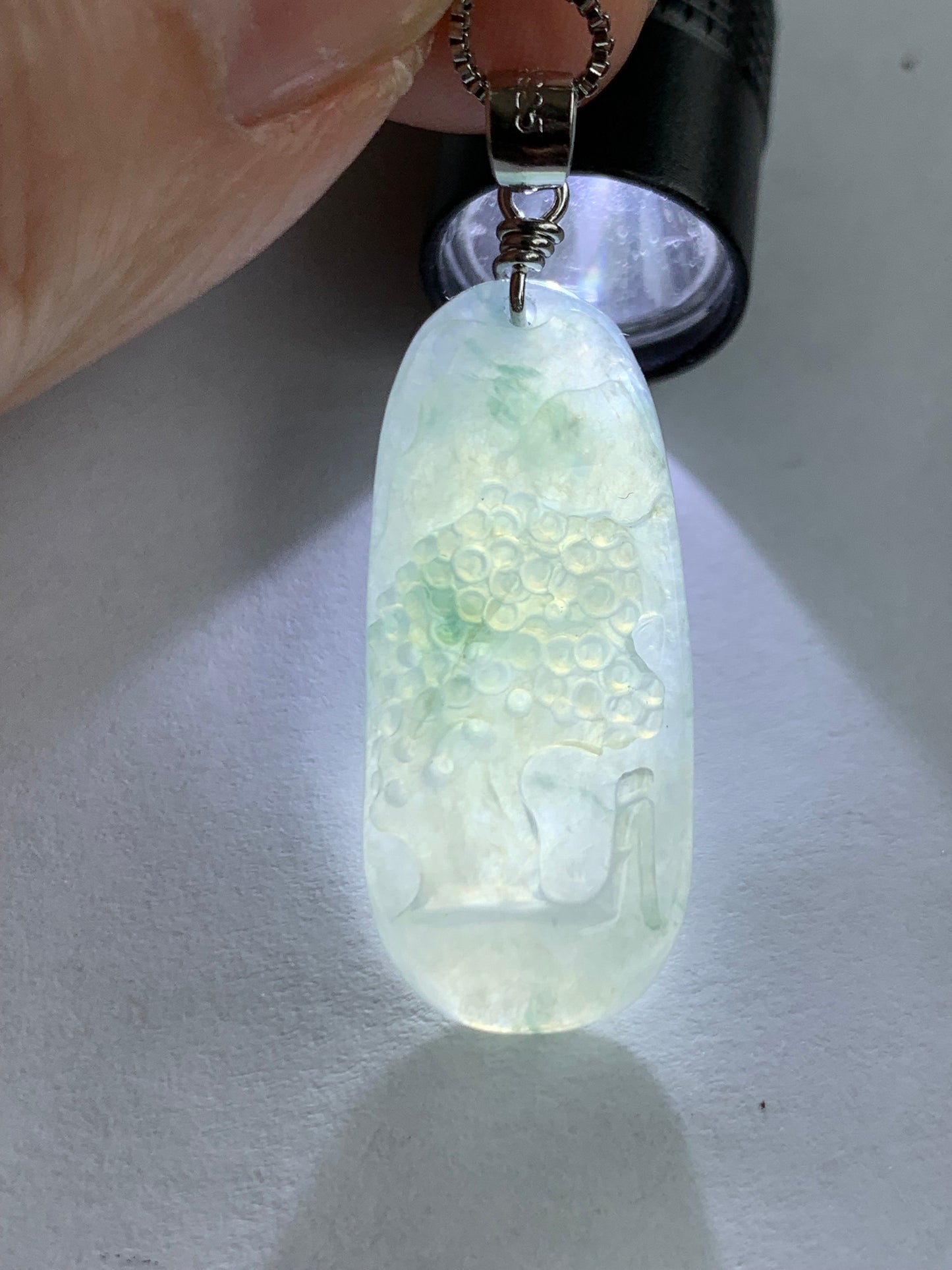 Natural Burmese Icy Translucent Gelatinous Slight Green Marbled Jadeite Shan Shui Pai Landscape Pendant Sterling Silver 5g 天然缅甸冰胶飘花翡翠山水牌吊坠