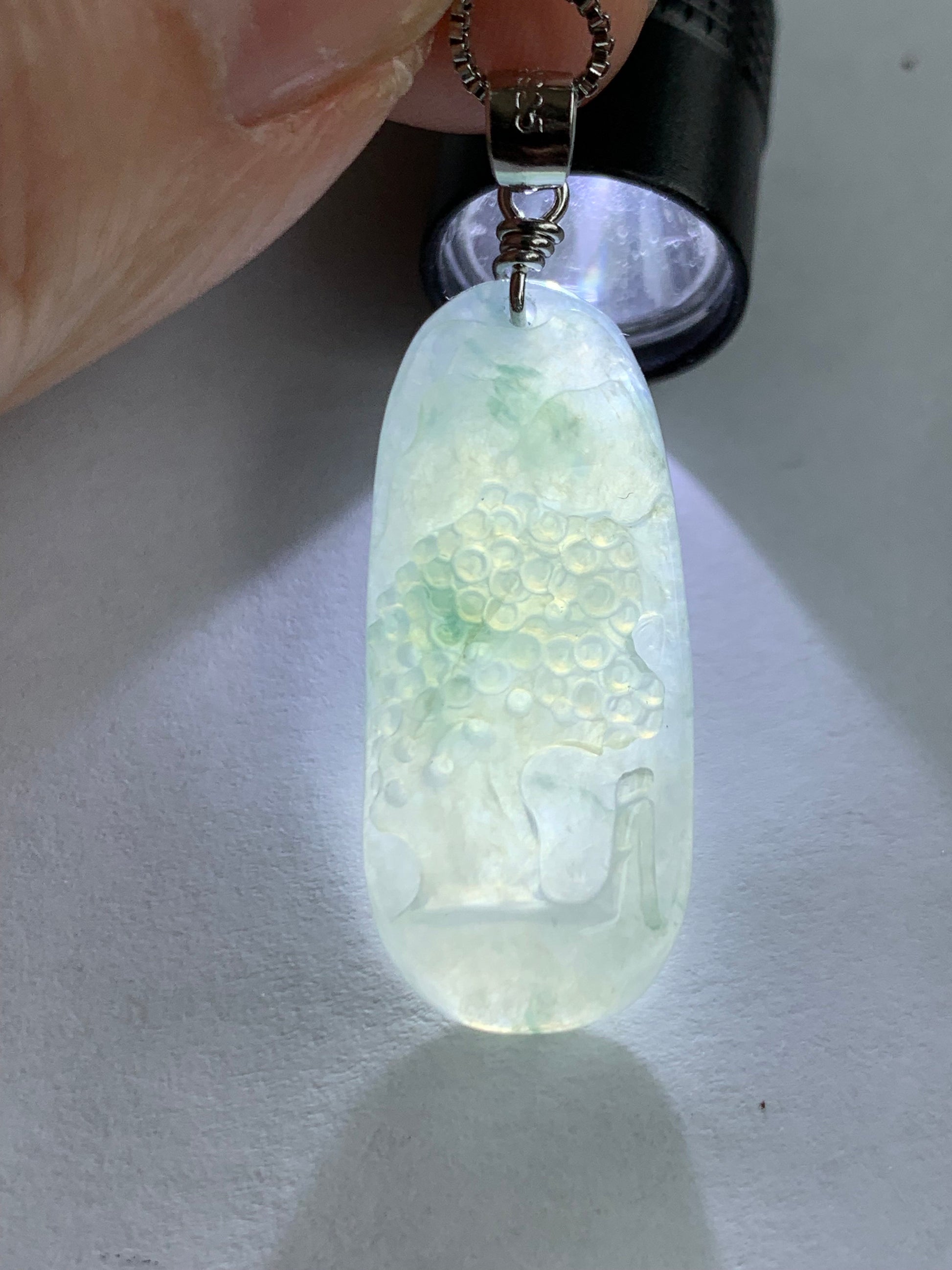 Natural Burmese Icy Translucent Gelatinous Slight Green Marbled Jadeite Shan Shui Pai Landscape Pendant Sterling Silver 5g 天然缅甸冰胶飘花翡翠山水牌吊坠