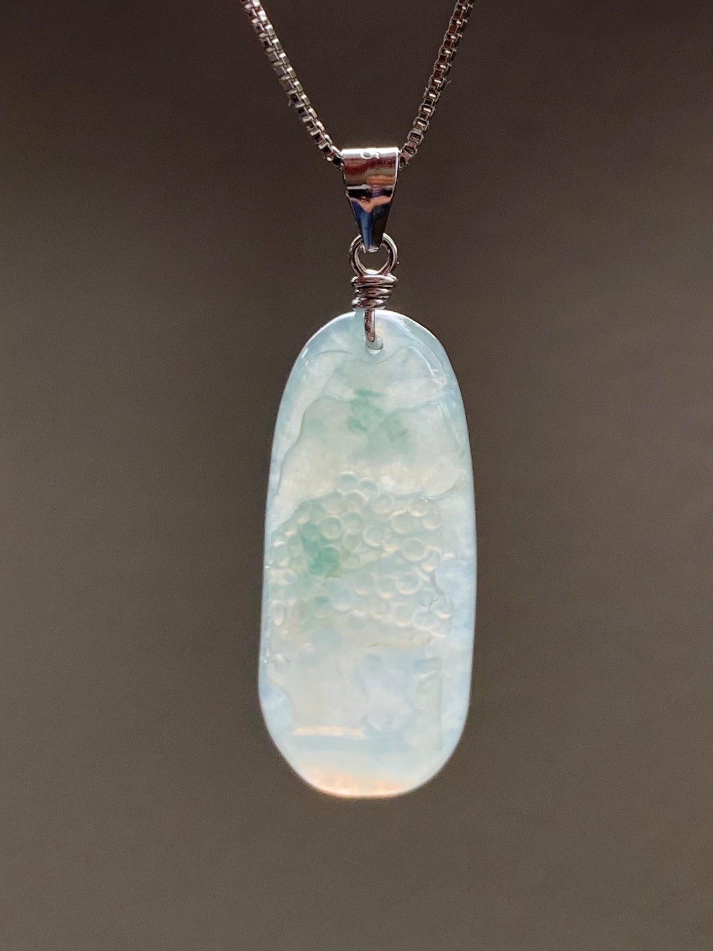 Natural Burmese Icy Translucent Gelatinous Slight Green Marbled Jadeite Shan Shui Pai Landscape Pendant Sterling Silver 5g 天然缅甸冰胶飘花翡翠山水牌吊坠