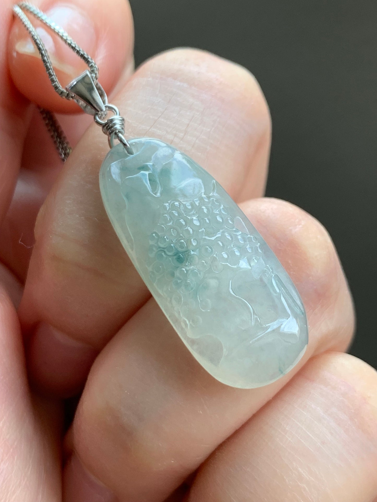 Natural Burmese Icy Translucent Gelatinous Slight Green Marbled Jadeite Shan Shui Pai Landscape Pendant Sterling Silver 5g 天然缅甸冰胶飘花翡翠山水牌吊坠
