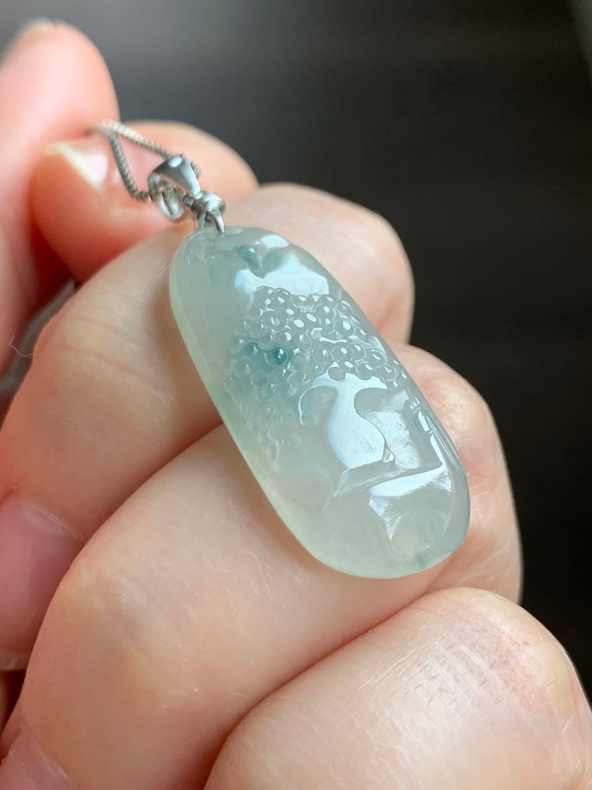 Natural Burmese Icy Translucent Gelatinous Slight Green Marbled Jadeite Shan Shui Pai Landscape Pendant Sterling Silver 5g 天然缅甸冰胶飘花翡翠山水牌吊坠