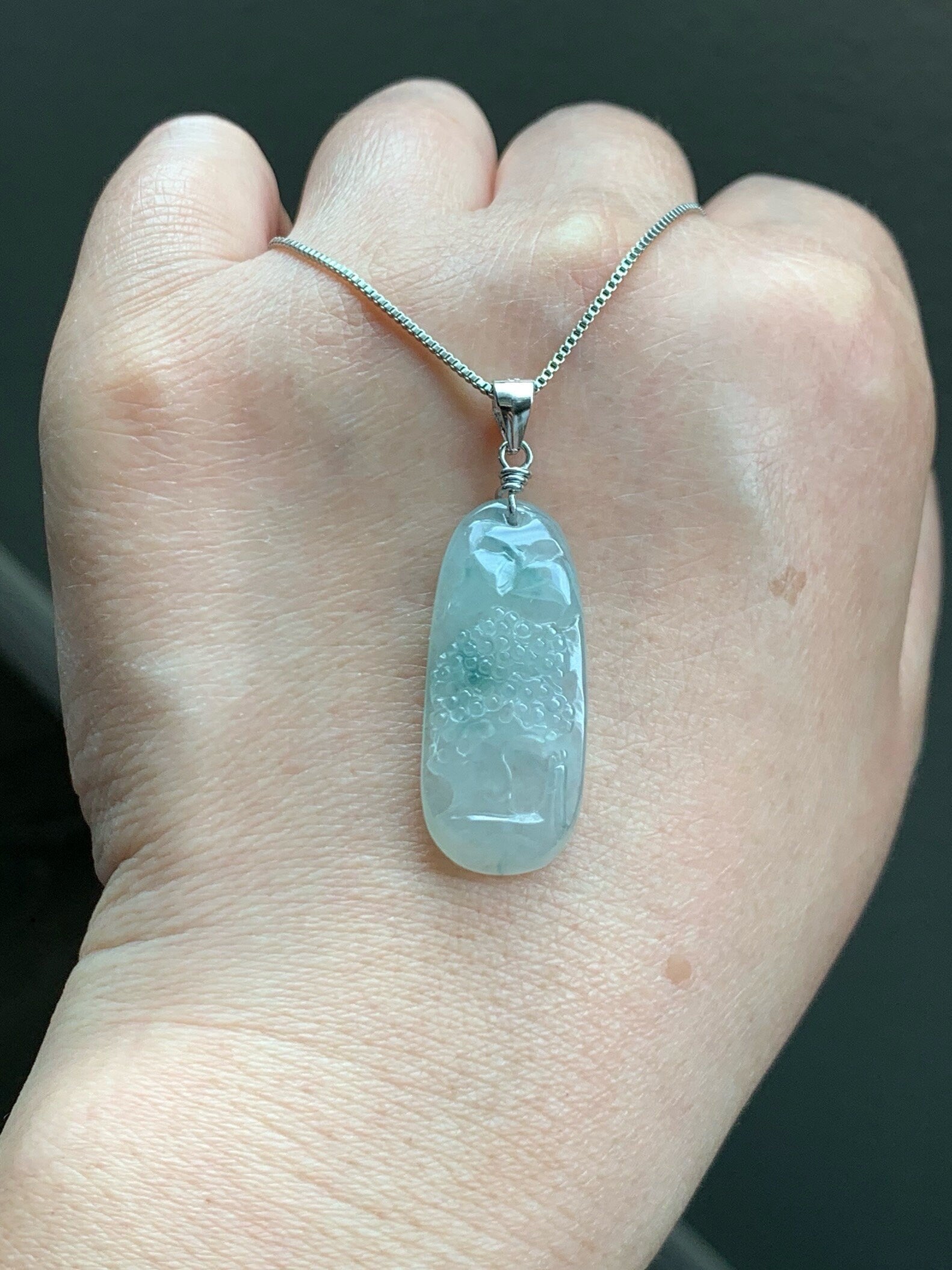 Natural Burmese Icy Translucent Gelatinous Slight Green Marbled Jadeite Shan Shui Pai Landscape Pendant Sterling Silver 5g 天然缅甸冰胶飘花翡翠山水牌吊坠