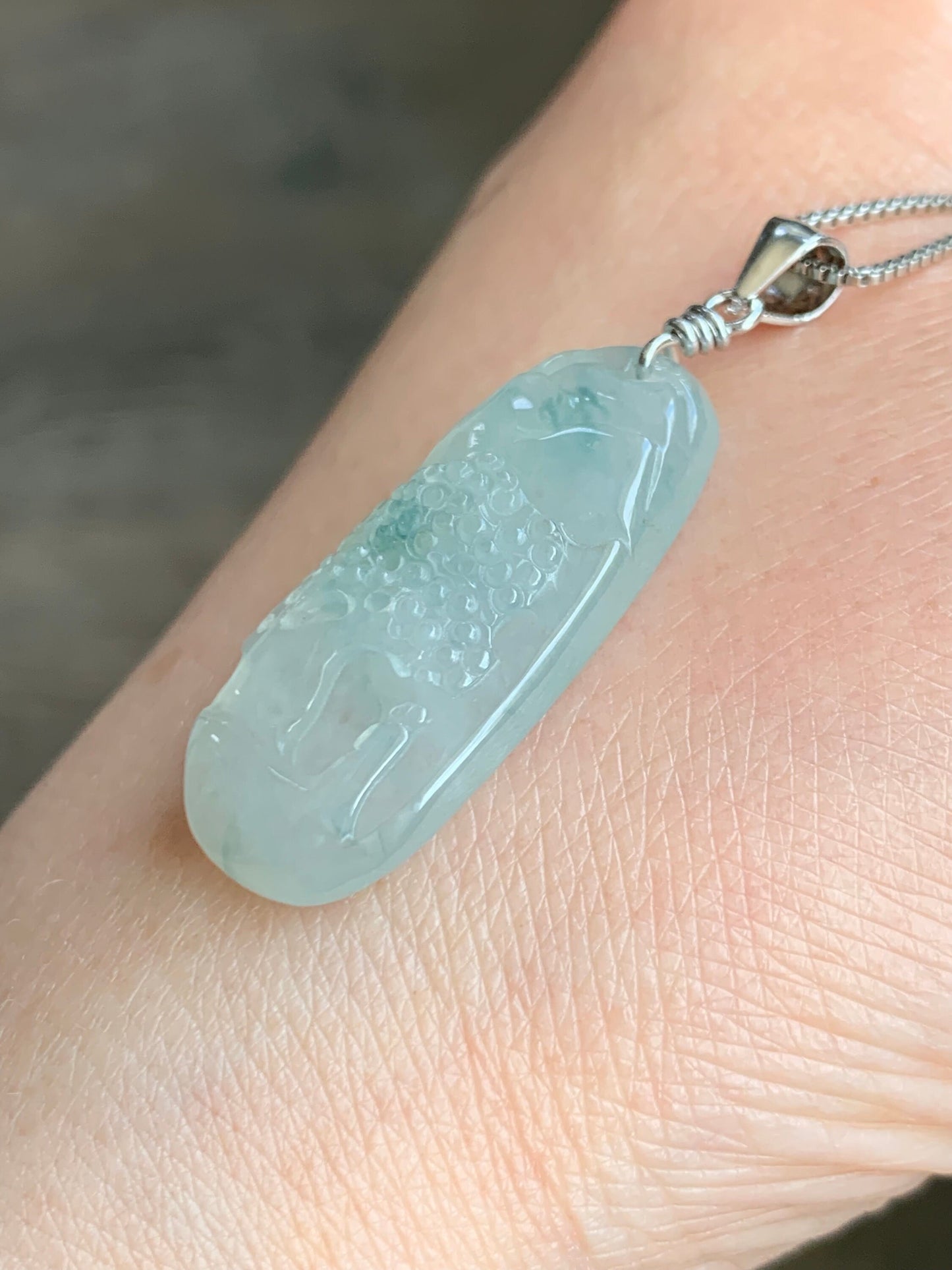 Natural Burmese Icy Translucent Gelatinous Slight Green Marbled Jadeite Shan Shui Pai Landscape Pendant Sterling Silver 5g 天然缅甸冰胶飘花翡翠山水牌吊坠