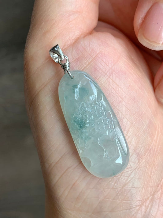 Natural Burmese Icy Translucent Gelatinous Slight Green Marbled Jadeite Shan Shui Pai Landscape Pendant Sterling Silver 5g 天然缅甸冰胶飘花翡翠山水牌吊坠