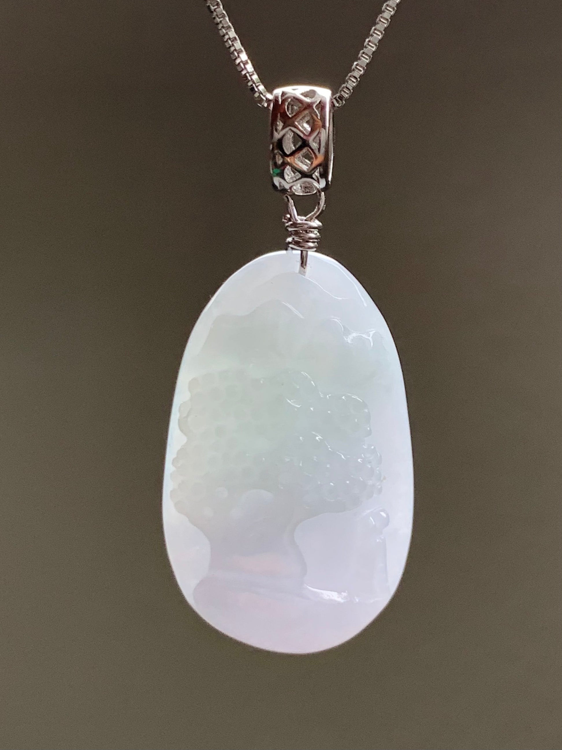 Natural Burmese Icy Translucent Gelatinous Spring Colored Jadeite Shan Shui Pai Landscape Pendant Sterling Silver 8g 天然缅甸冰胶淡春彩翡翠山水牌吊坠