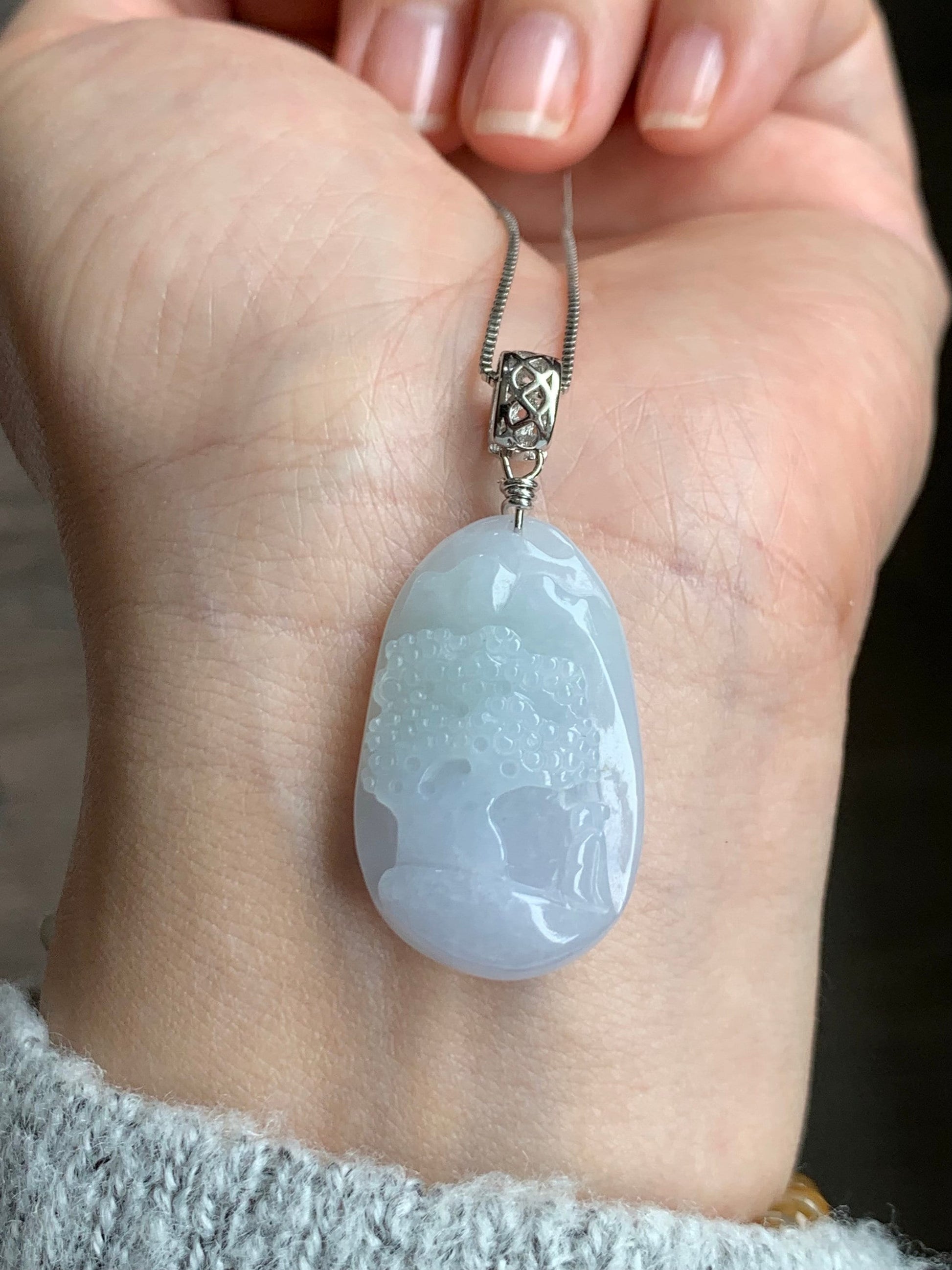 Natural Burmese Icy Translucent Gelatinous Spring Colored Jadeite Shan Shui Pai Landscape Pendant Sterling Silver 8g 天然缅甸冰胶淡春彩翡翠山水牌吊坠