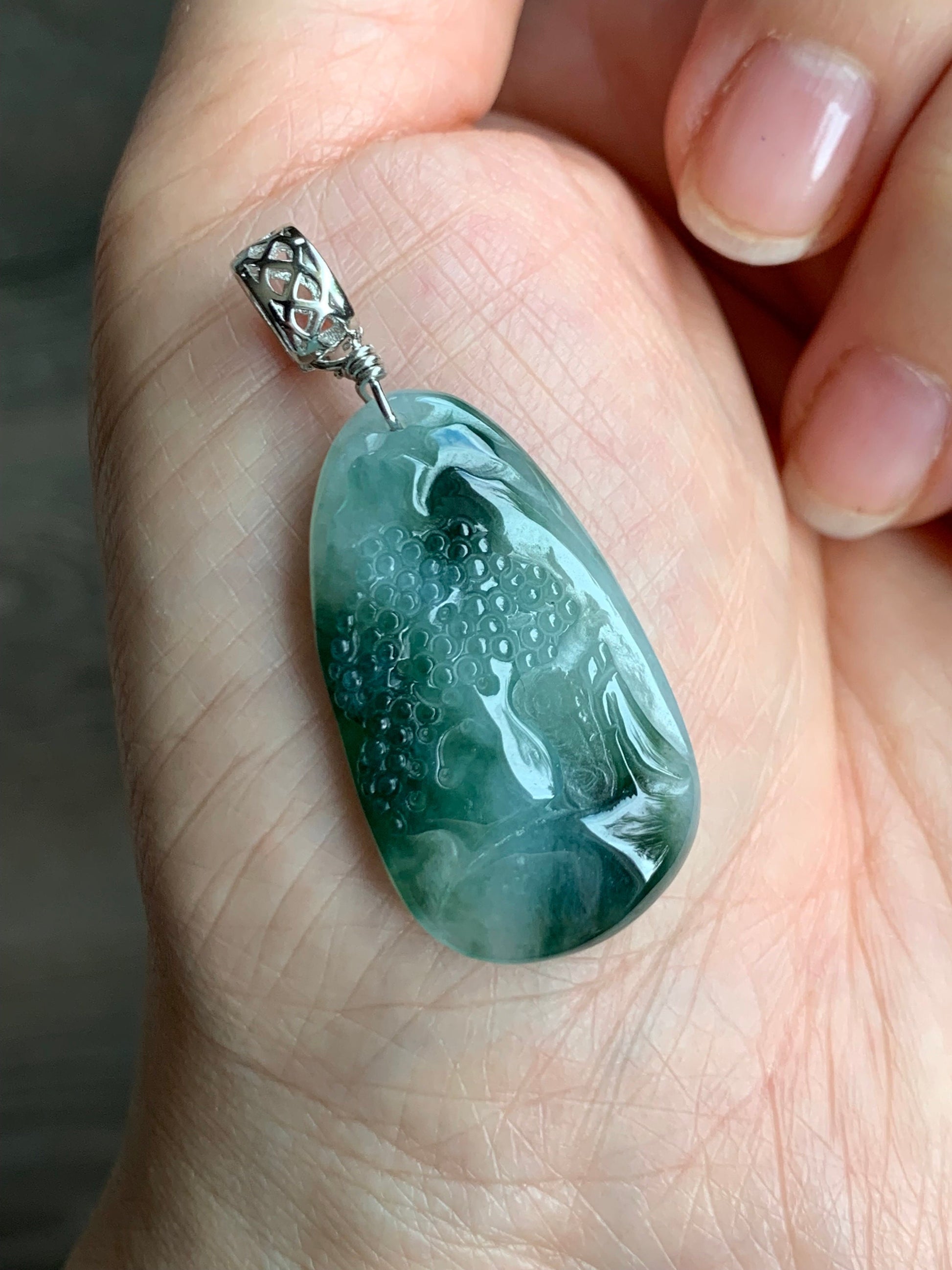 Natural Burmese Icy Translucent Gelatinous Dark Teal Green Marbled Jadeite Shan Shui Landscape Pendant Sterling Silver 6g 天然缅甸冰胶飘花翡翠山水牌吊坠