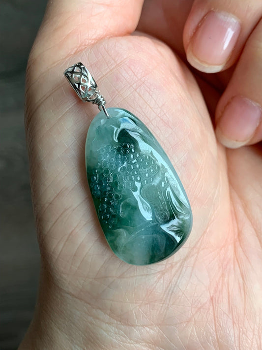 Natural Burmese Icy Translucent Gelatinous Dark Teal Green Marbled Jadeite Shan Shui Landscape Pendant Sterling Silver 6g 天然缅甸冰胶飘花翡翠山水牌吊坠