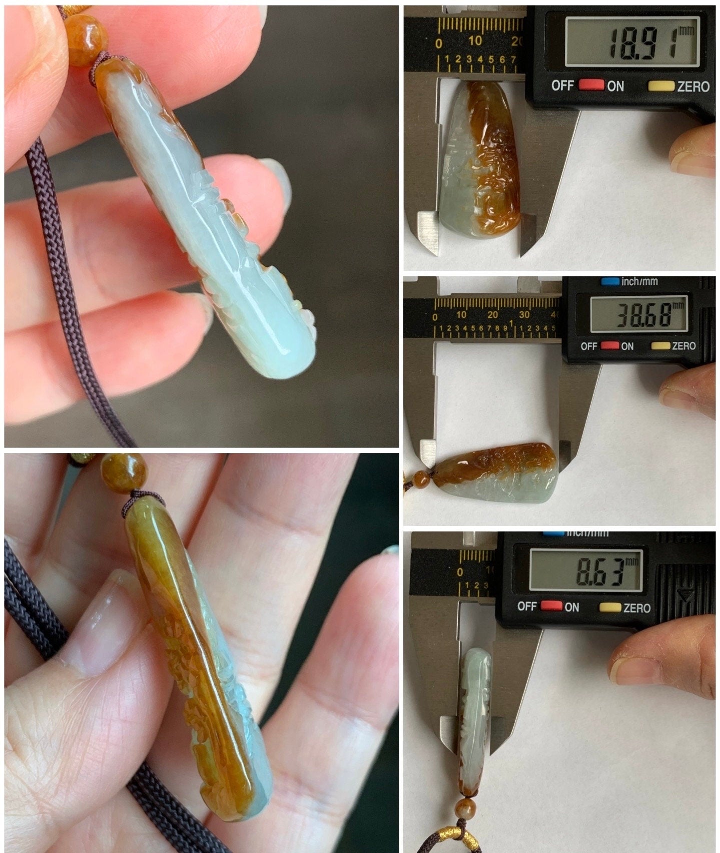 Natural Burmese Icy Translucent Intense Bicolored Red Yellow Jadeite Shan Shui Landscape Pendant Rope Necklace 26” 11g 天然缅甸半山半水红黄翡翠山水牌吊坠