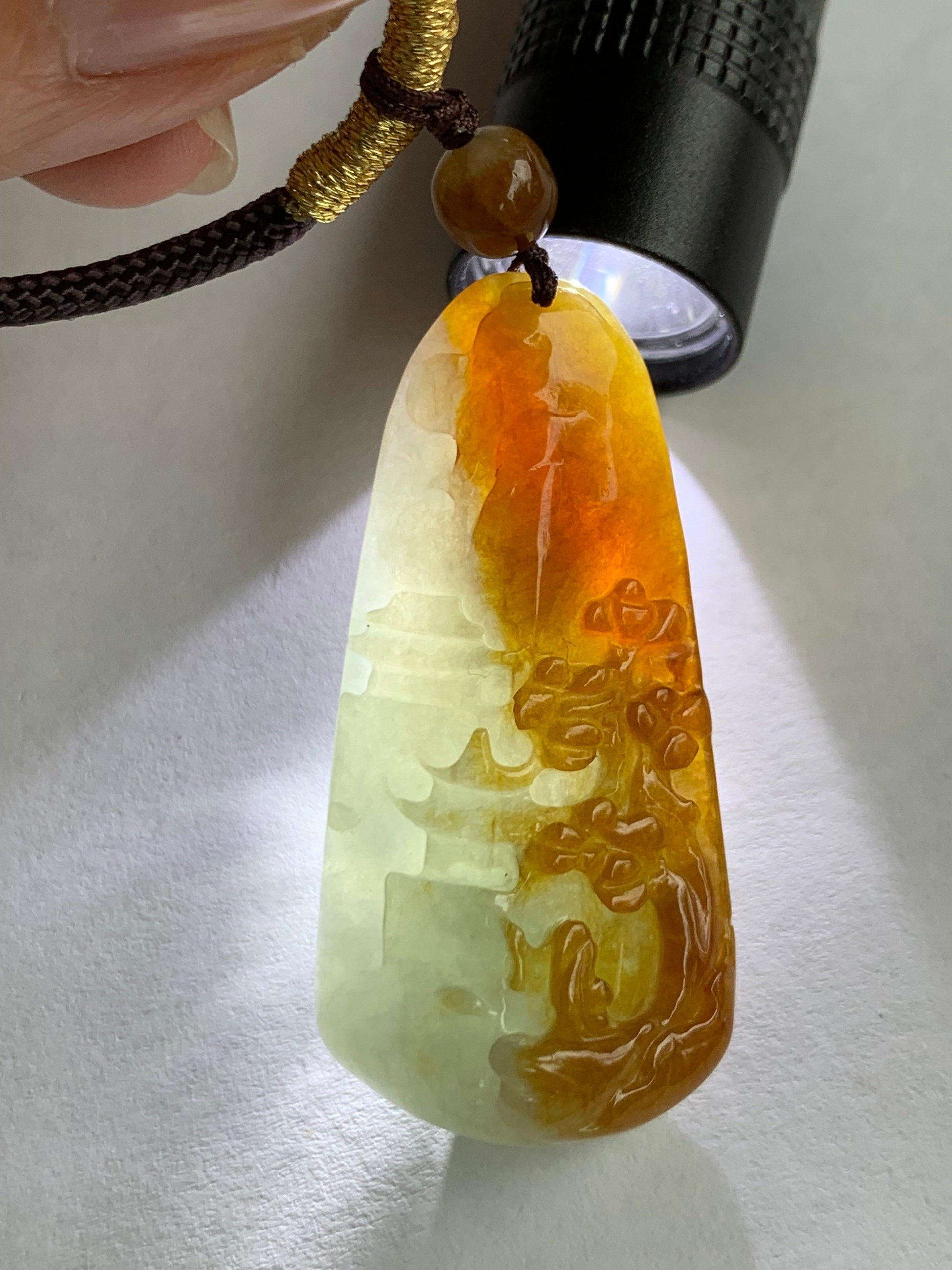 Natural Burmese Icy Translucent Intense Bicolored Red Yellow Jadeite Shan Shui Landscape Pendant Rope Necklace 26” 11g 天然缅甸半山半水红黄翡翠山水牌吊坠