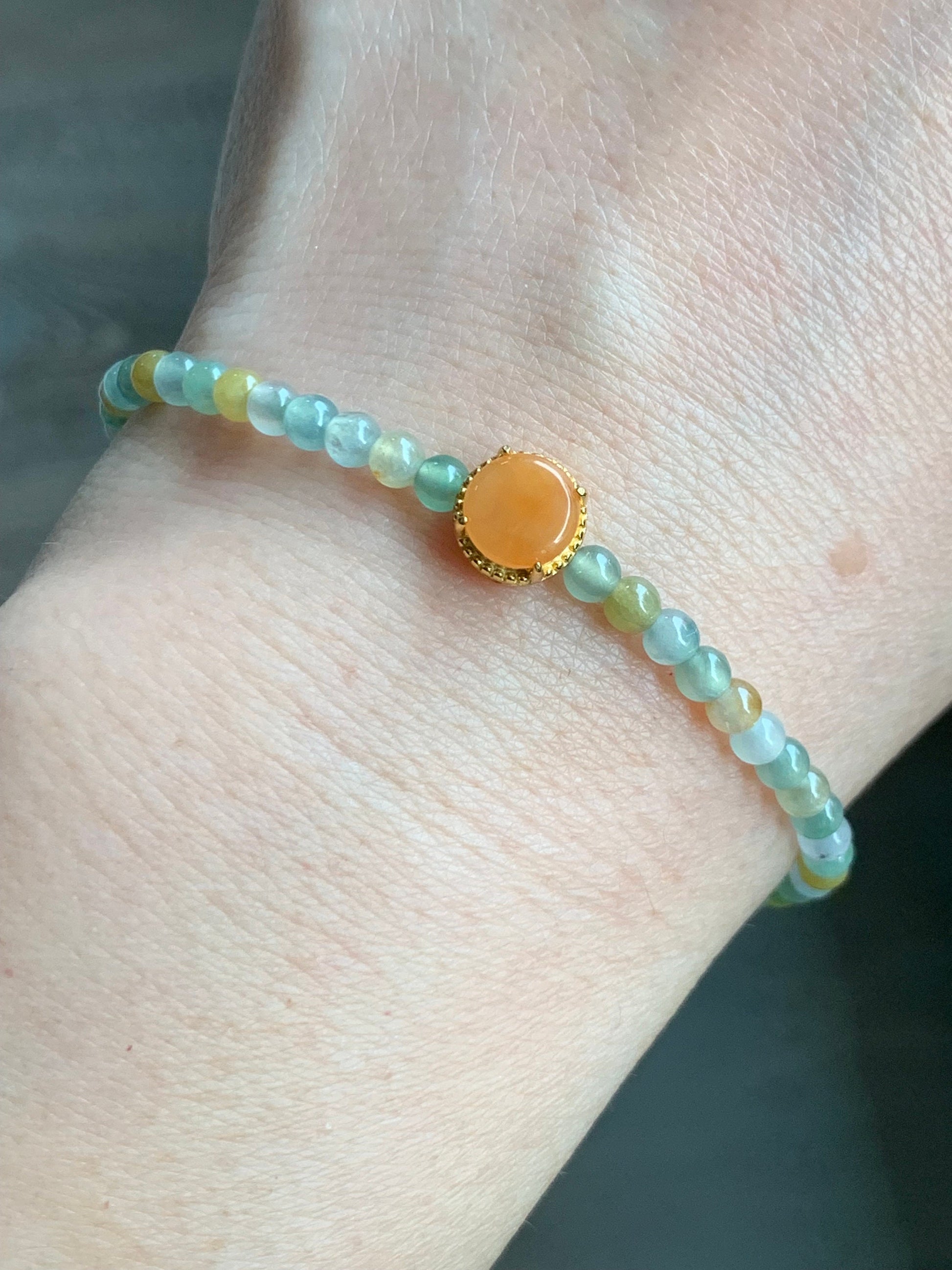 Petite Natural Grade A Icy Highly Translucent Multicolored Jade Jadeite Beads Sterling Silver Charm Beaded Bracelet 7” 5g 天然冰多宝翡翠小珠潘多拉珠手串