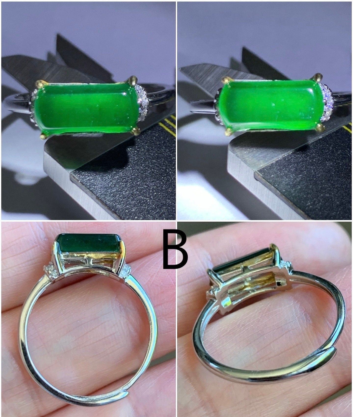 Natural Guatemalan Highly Translucent Icy Green Jadeite Saddle Ring S925 Silver Size Adjustable 天然老种冰绿危地马拉翡翠马鞍银镶戒指 MAX80N