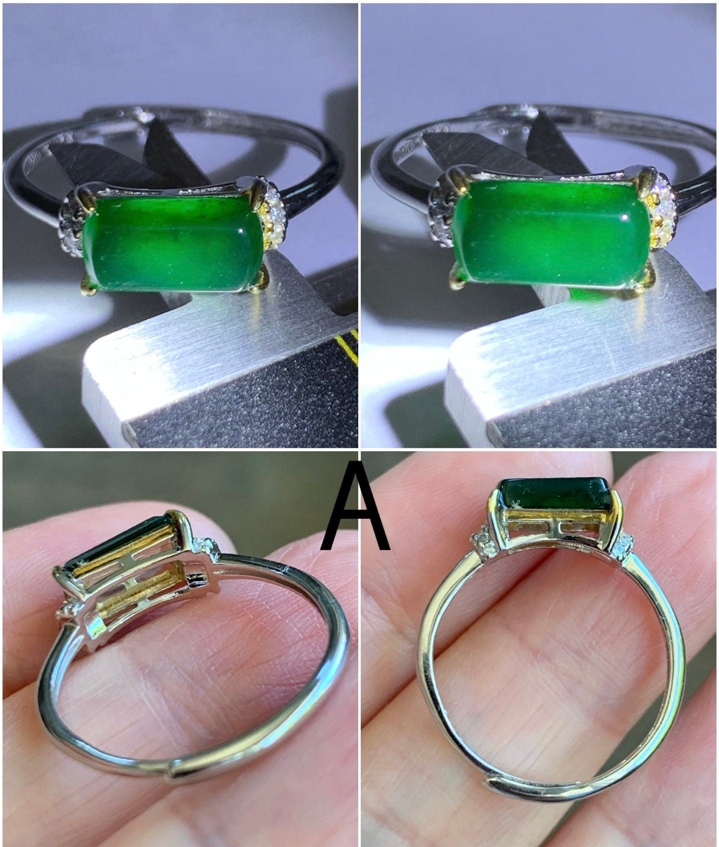 Natural Guatemalan Highly Translucent Icy Green Jadeite Saddle Ring S925 Silver Size Adjustable 天然老种冰绿危地马拉翡翠马鞍银镶戒指 MAX80N