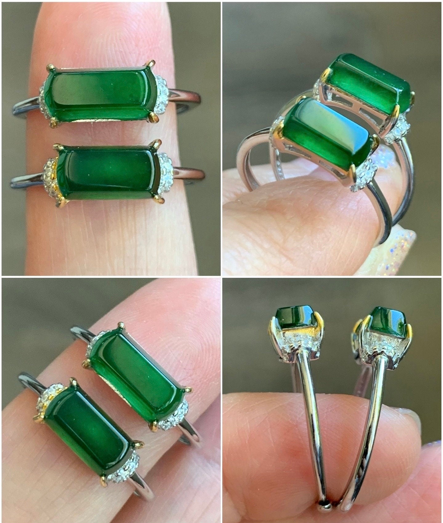 Natural Guatemalan Highly Translucent Icy Green Jadeite Saddle Ring S925 Silver Size Adjustable 天然老种冰绿危地马拉翡翠马鞍银镶戒指 MAX80N