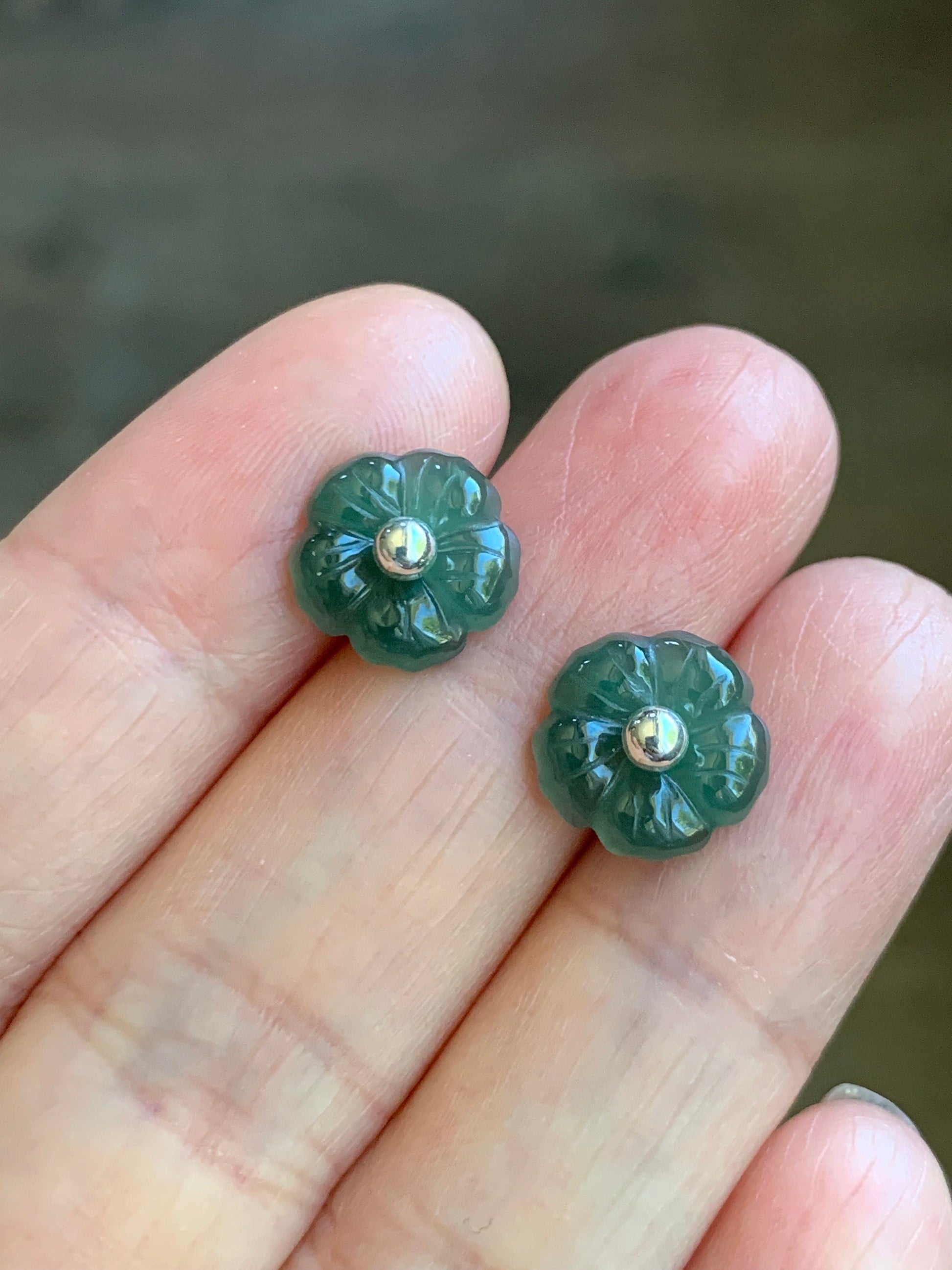 Natural Guatemalan Icy Translucent Gelatinous Deep Teal Green Jadeite Hibiscus Flower Stud Earrings Sterling Silver 天然冰危湖水绿翡翠朱槿花银耳钉 A