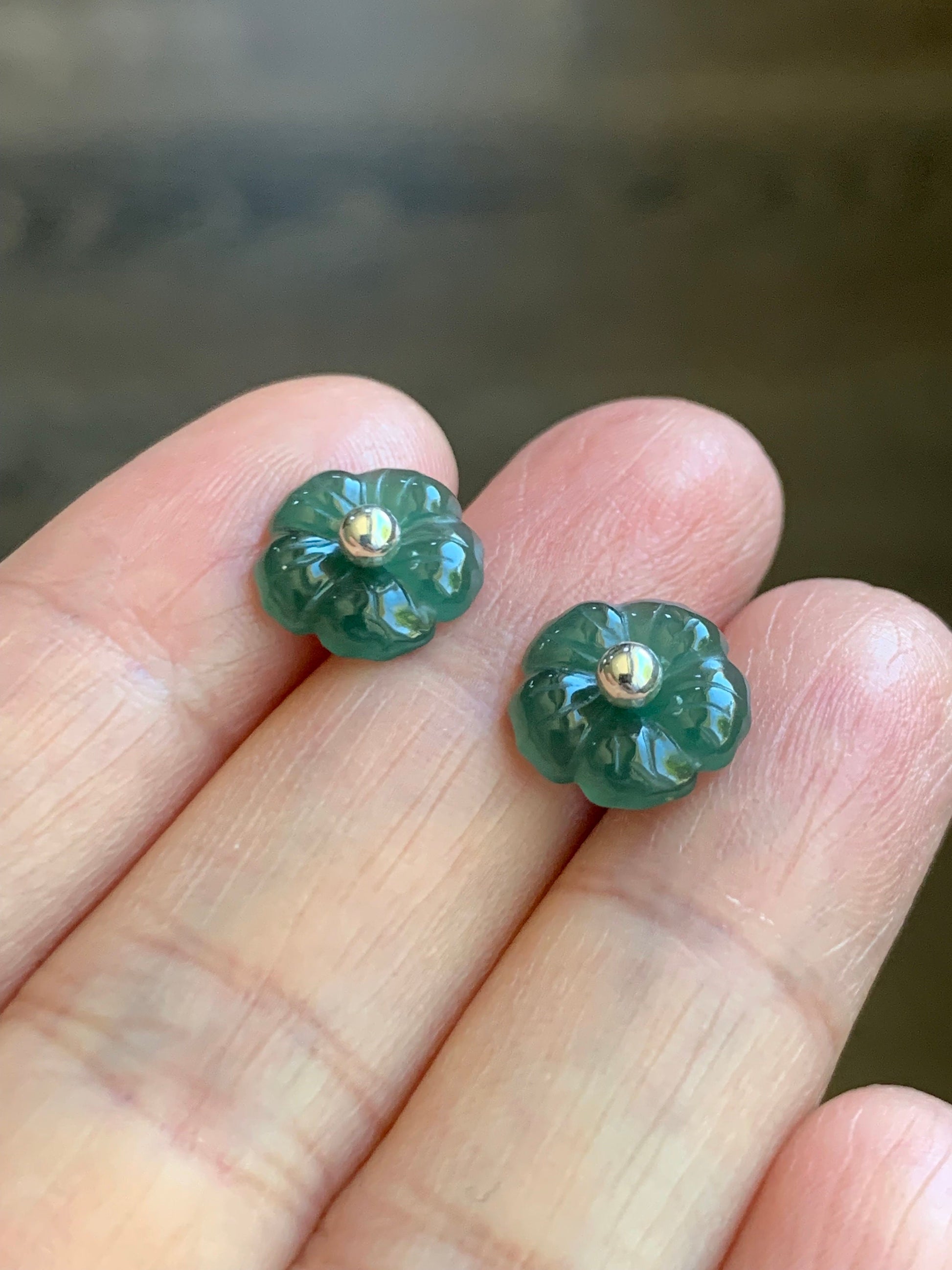Natural Guatemalan Icy Translucent Gelatinous Deep Teal Green Jadeite Hibiscus Flower Stud Earrings Sterling Silver 天然冰危湖水绿翡翠朱槿花银耳钉 A