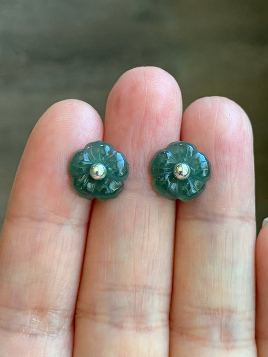Natural Guatemalan Icy Translucent Gelatinous Deep Teal Green Jadeite Hibiscus Flower Stud Earrings Sterling Silver 天然冰危湖水绿翡翠朱槿花银耳钉 A