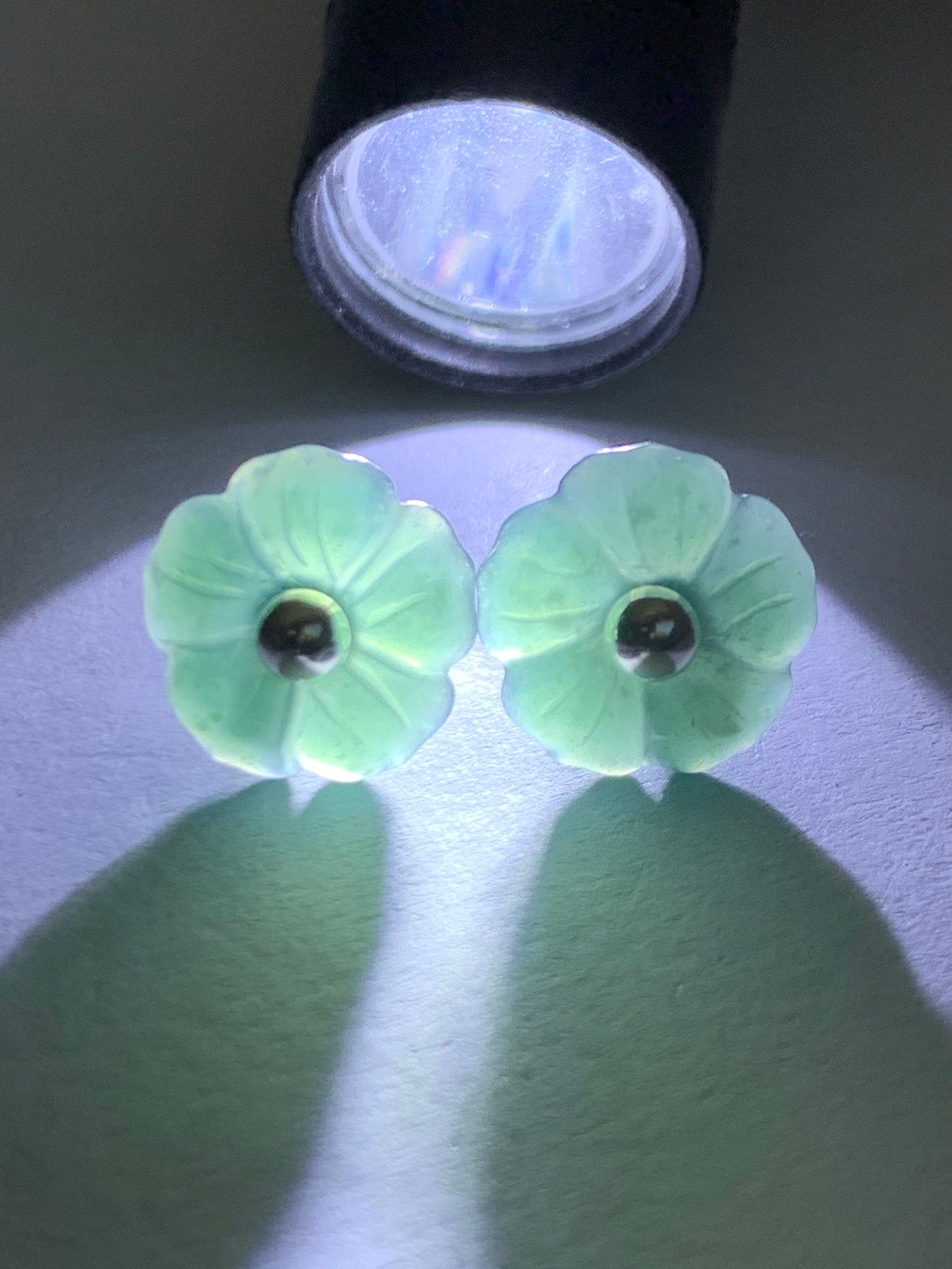 Natural Guatemalan Icy Translucent Gelatinous Deep Teal Green Jadeite Hibiscus Flower Stud Earrings Sterling Silver 天然冰危湖水绿翡翠朱槿花银耳钉 A