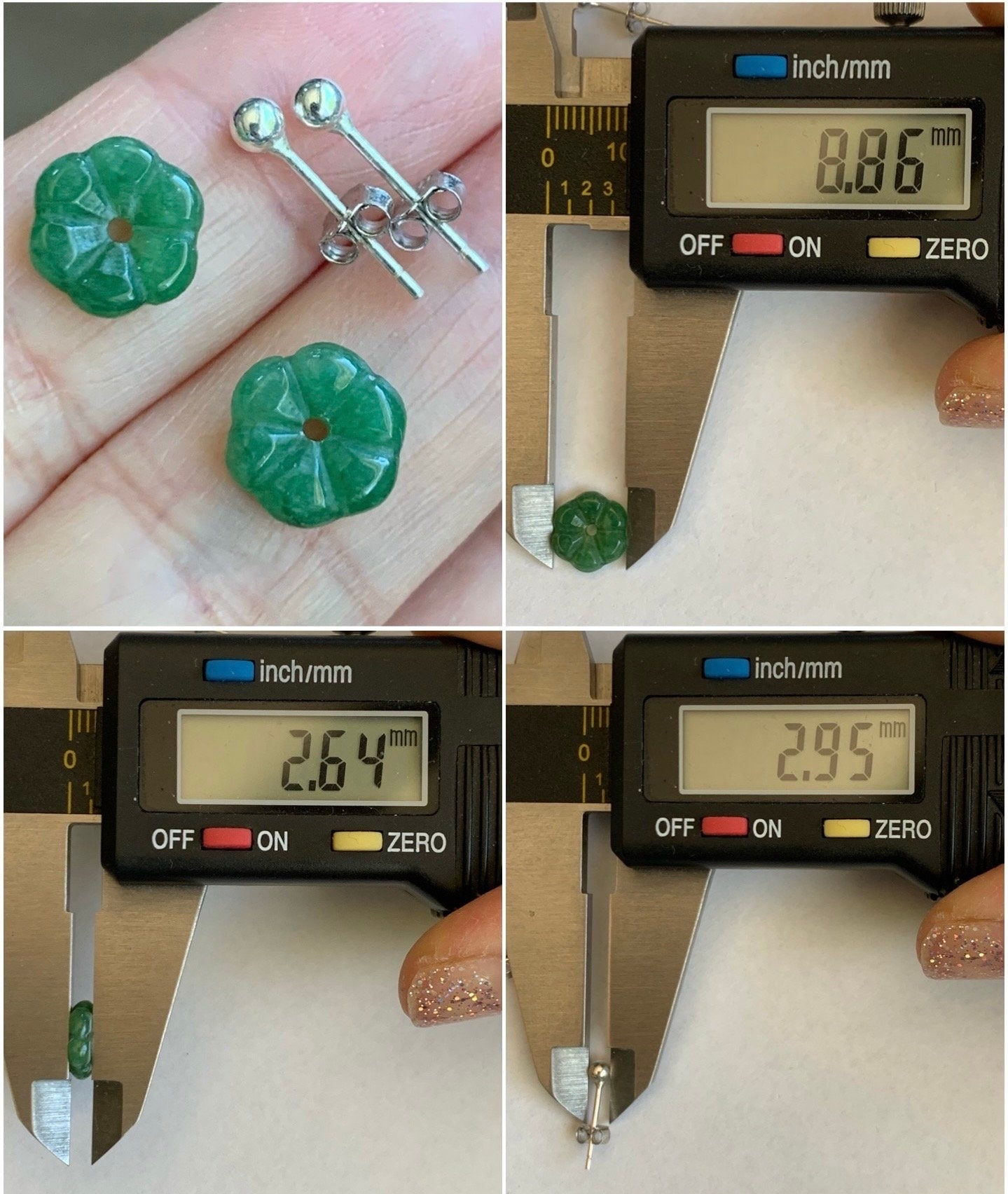 Natural Burmese Icy Translucent Dark Green Jadeite Flower Stud Earrings Sterling Silver 天然缅甸糯冰绿翡翠小花银耳钉