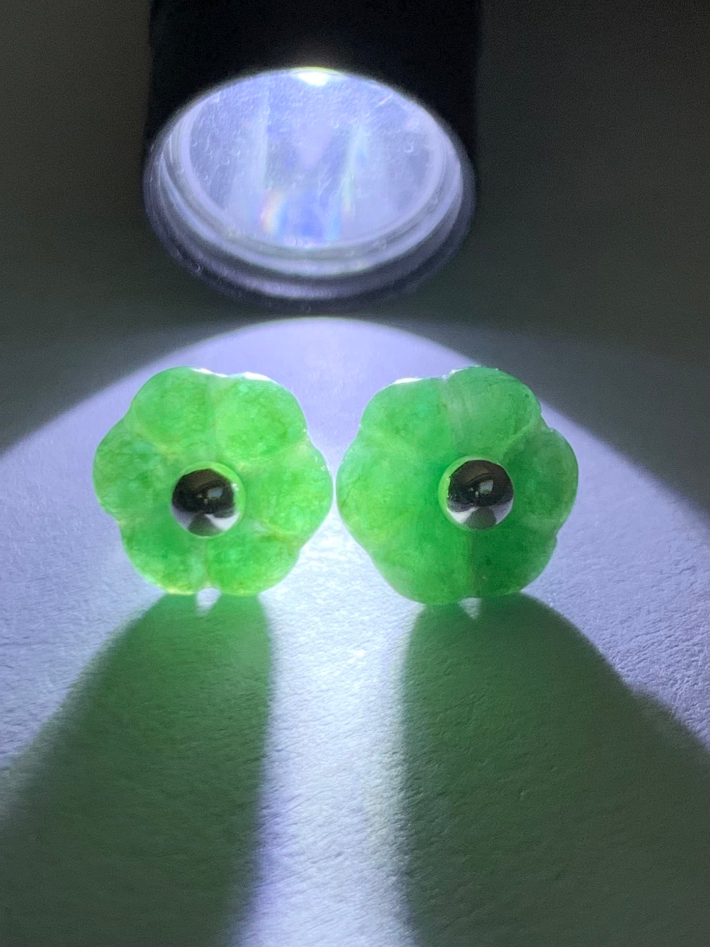 Natural Burmese Icy Translucent Dark Green Jadeite Flower Stud Earrings Sterling Silver 天然缅甸糯冰绿翡翠小花银耳钉