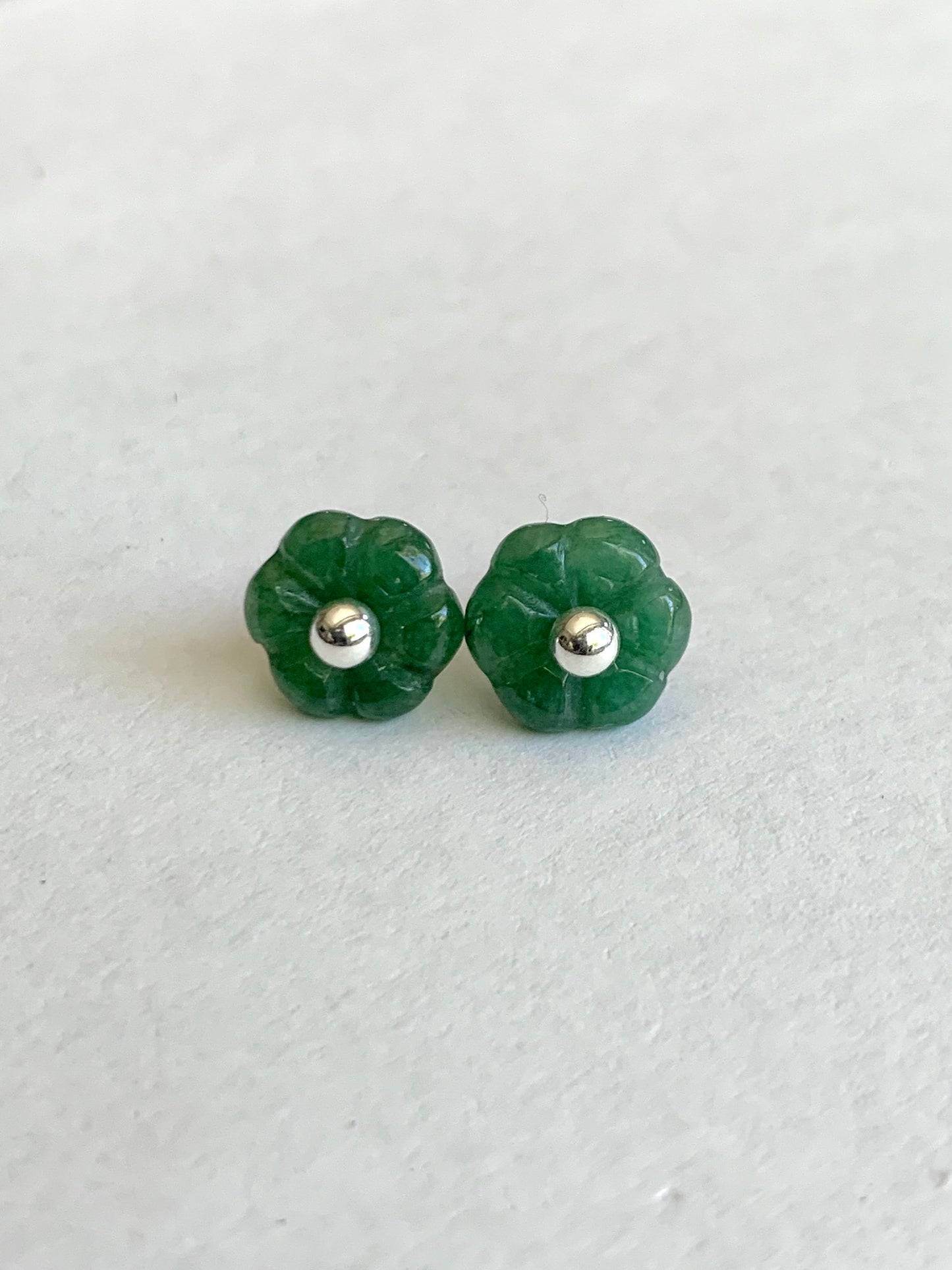 Natural Burmese Icy Translucent Dark Green Jadeite Flower Stud Earrings Sterling Silver 天然缅甸糯冰绿翡翠小花银耳钉