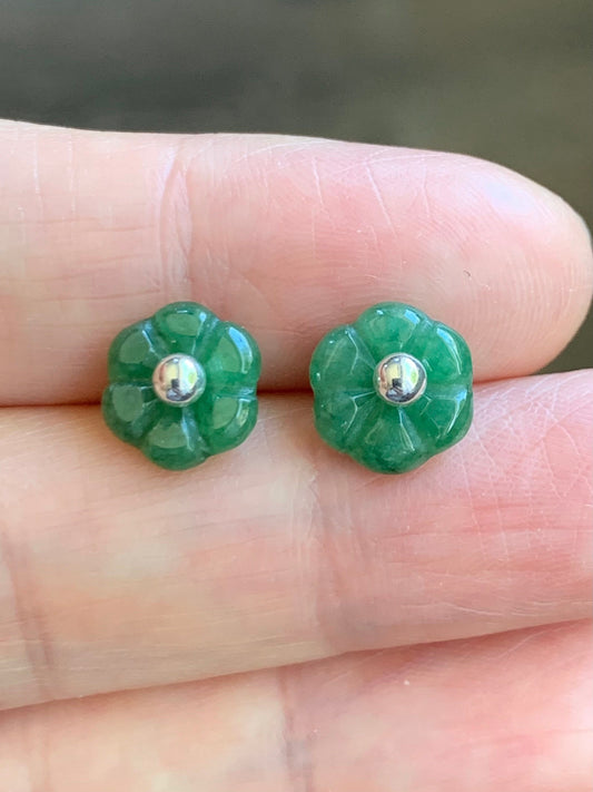 Natural Burmese Icy Translucent Dark Green Jadeite Flower Stud Earrings Sterling Silver 天然缅甸糯冰绿翡翠小花银耳钉