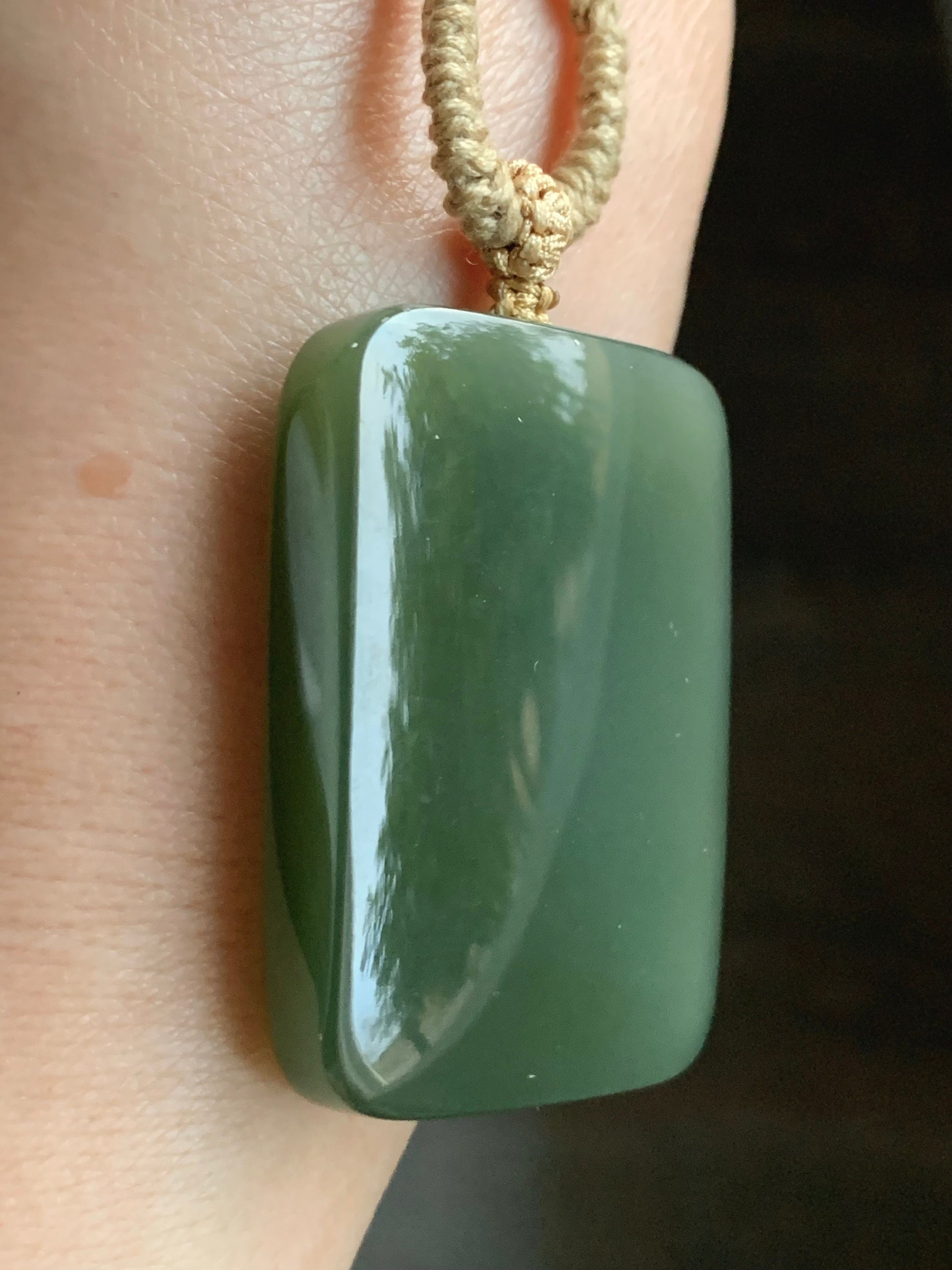 Natural Nephrite Hetian Jade Rectangle Wu Shi Pai Pendant Rope Necklace Icy Translucent Dark Tea Green Adjustable 24" 38g 天然和田玉无事牌项链 L