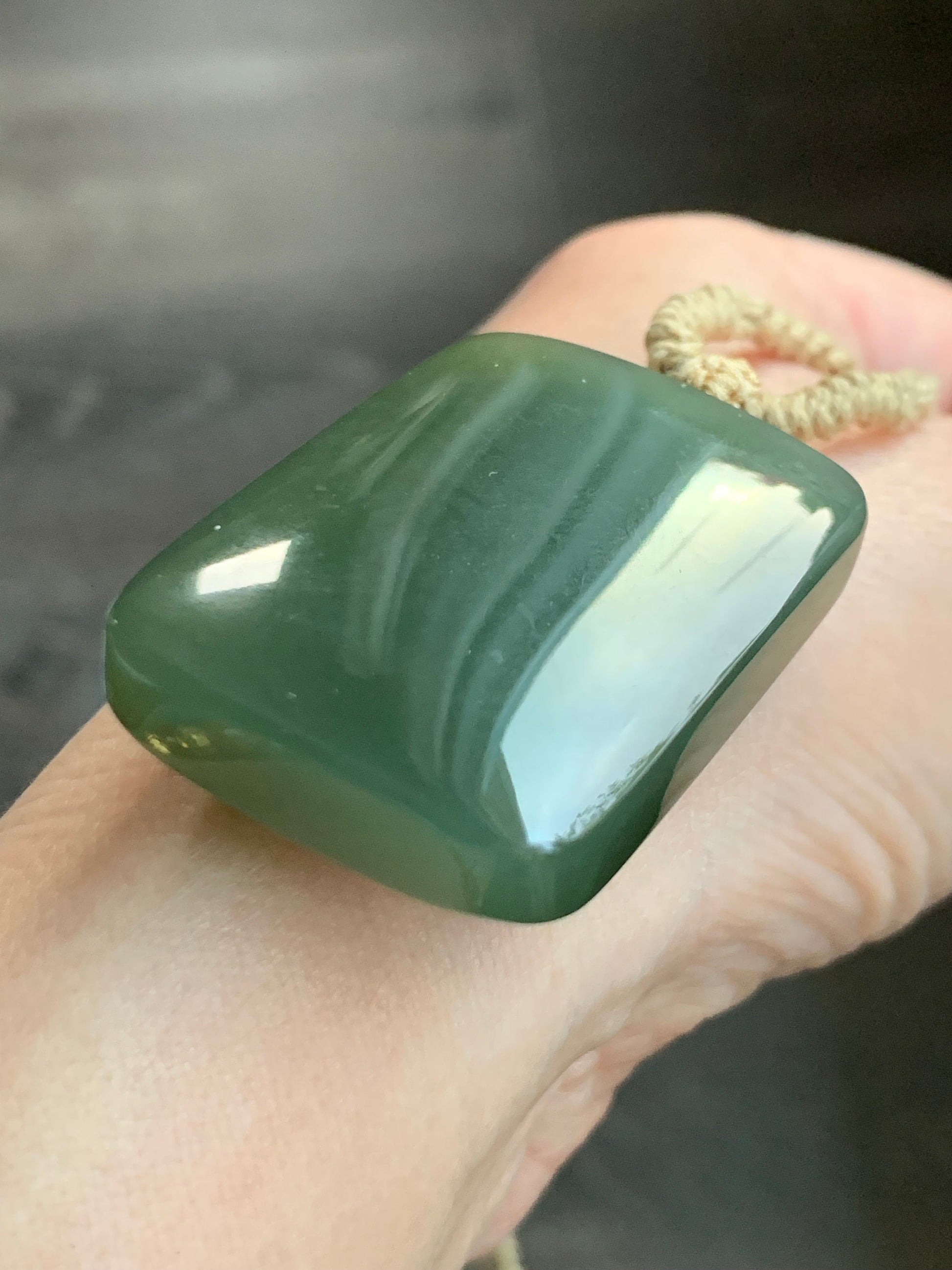 Natural Nephrite Hetian Jade Rectangle Wu Shi Pai Pendant Rope Necklace Icy Translucent Dark Tea Green Adjustable 24" 38g 天然和田玉无事牌项链 L