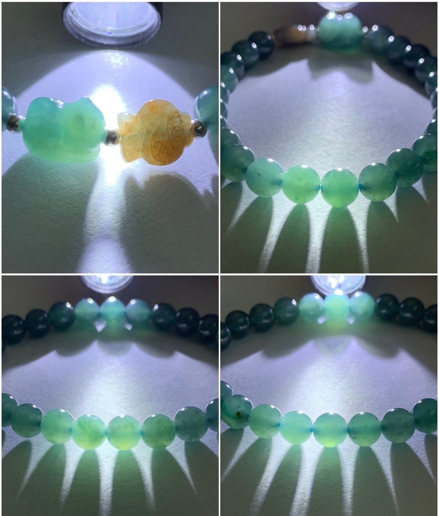 Natural Burmese Icy Translucent Red Marbled Jadeite Fish Guatemalan Teal Blue Cat Charm Beaded Bracelet 6.7mm 6.75” 天然缅甸冰飘红翡翠冰危蓝猫吃鱼手串