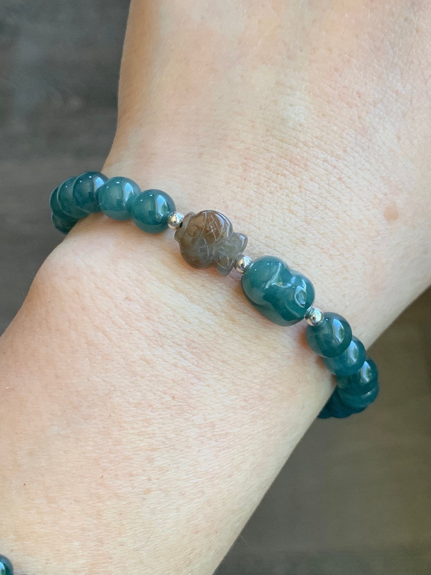 Natural Burmese Icy Translucent Red Marbled Jadeite Fish Guatemalan Teal Blue Cat Charm Beaded Bracelet 6.7mm 6.75” 天然缅甸冰飘红翡翠冰危蓝猫吃鱼手串