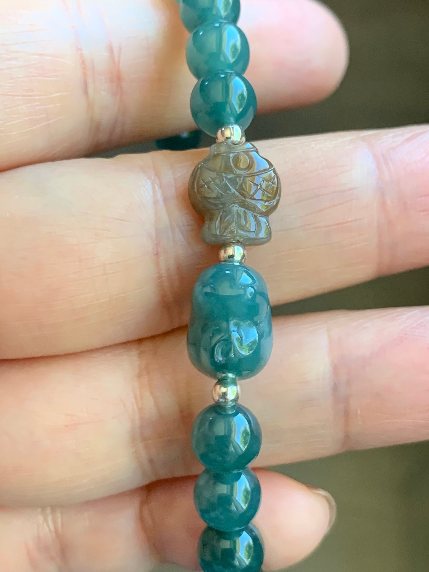 Natural Burmese Icy Translucent Red Marbled Jadeite Fish Guatemalan Teal Blue Cat Charm Beaded Bracelet 6.7mm 6.75” 天然缅甸冰飘红翡翠冰危蓝猫吃鱼手串