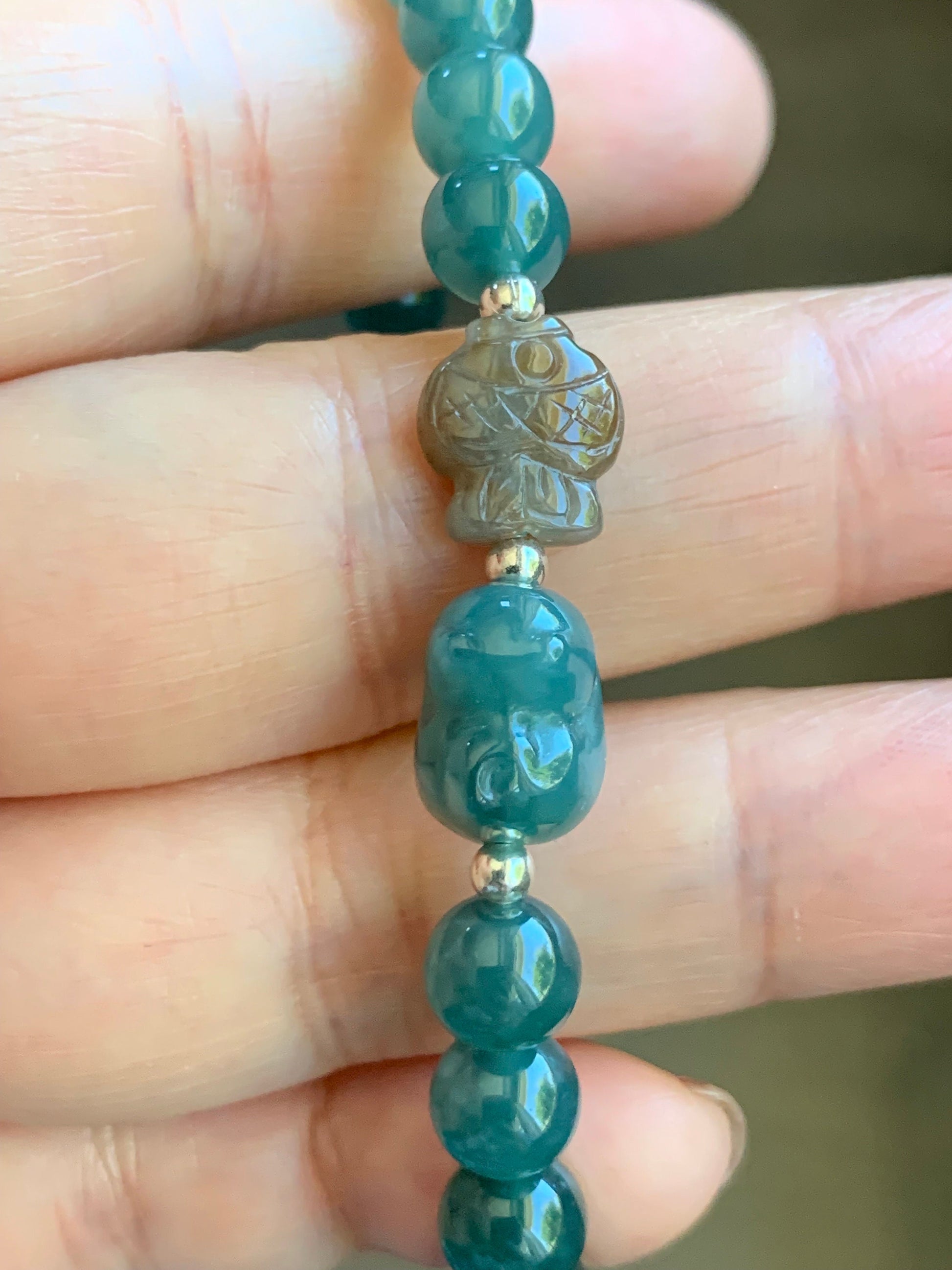 Natural Burmese Icy Translucent Red Marbled Jadeite Fish Guatemalan Teal Blue Cat Charm Beaded Bracelet 6.7mm 6.75” 天然缅甸冰飘红翡翠冰危蓝猫吃鱼手串