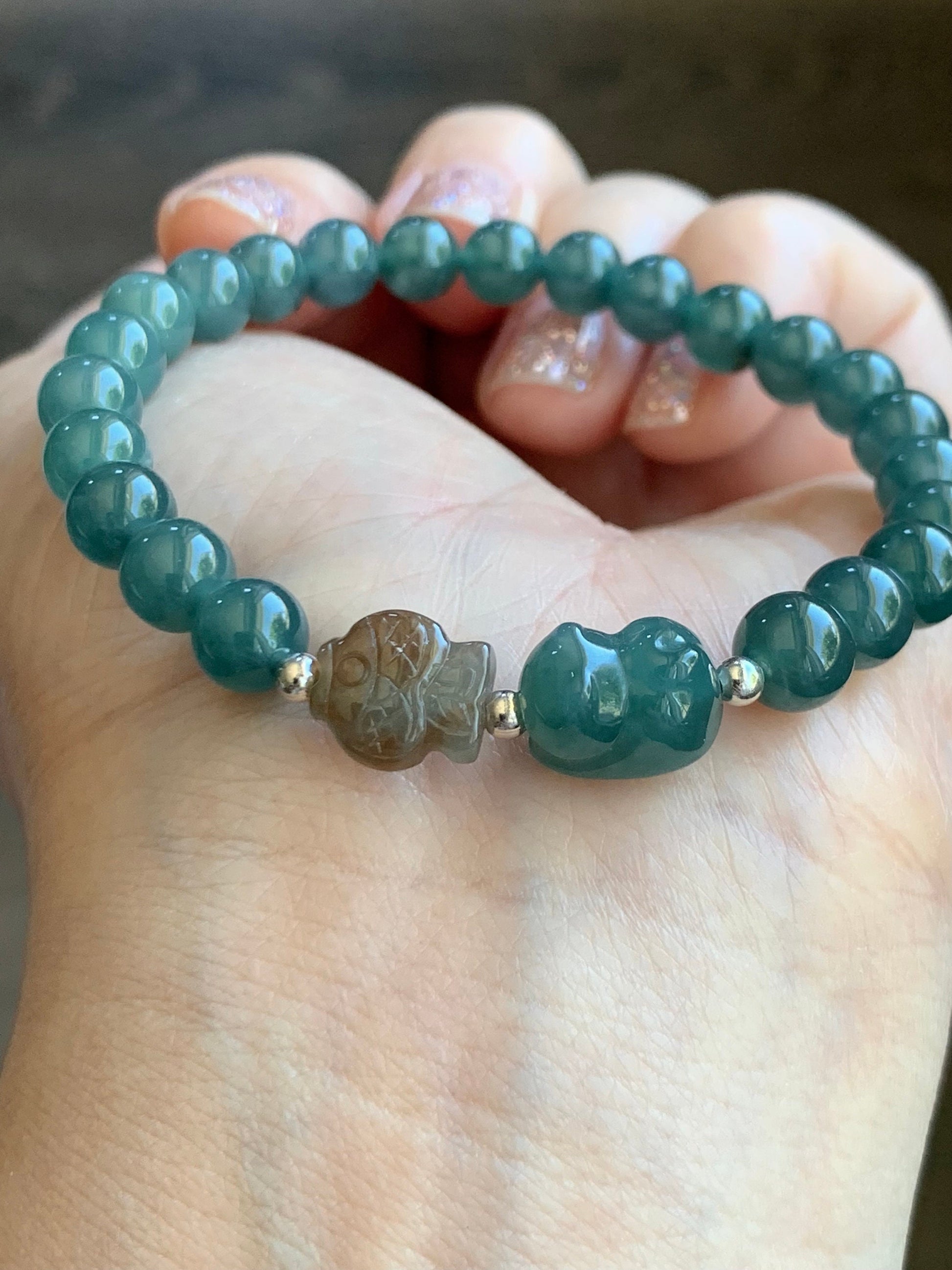 Natural Burmese Icy Translucent Red Marbled Jadeite Fish Guatemalan Teal Blue Cat Charm Beaded Bracelet 6.7mm 6.75” 天然缅甸冰飘红翡翠冰危蓝猫吃鱼手串