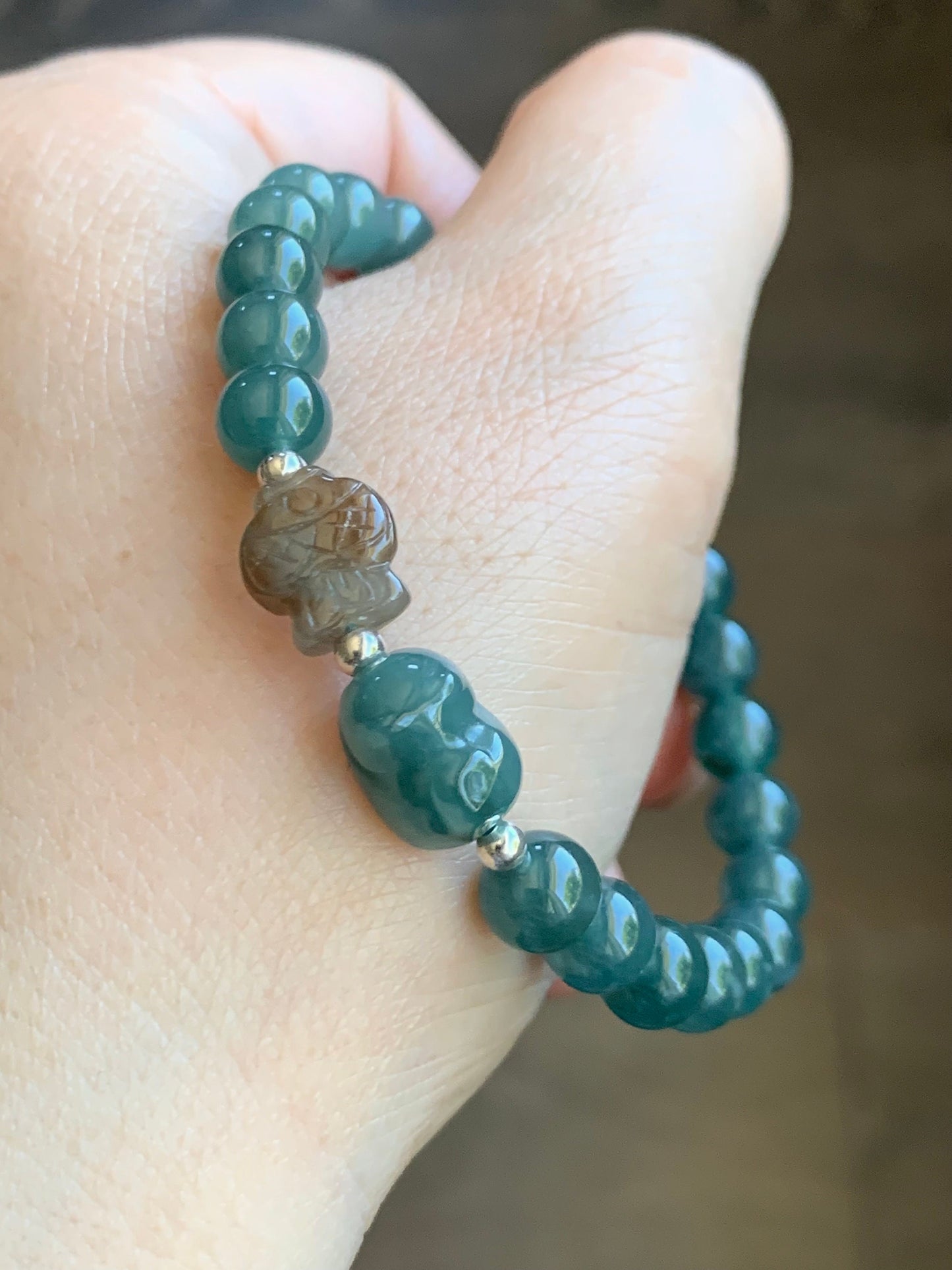 Natural Burmese Icy Translucent Red Marbled Jadeite Fish Guatemalan Teal Blue Cat Charm Beaded Bracelet 6.7mm 6.75” 天然缅甸冰飘红翡翠冰危蓝猫吃鱼手串