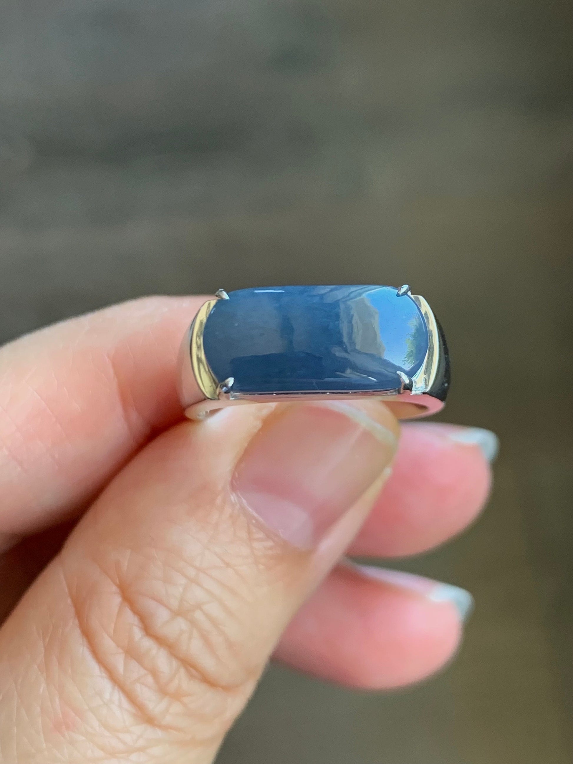 Certified Natural Guatemalan Intense Purplish Blue Jadeite Saddle Band Ring Size 8 Sterling Silver 9.13g 天然冰危浓蓝紫翡翠马鞍订制银镶戒指 1463