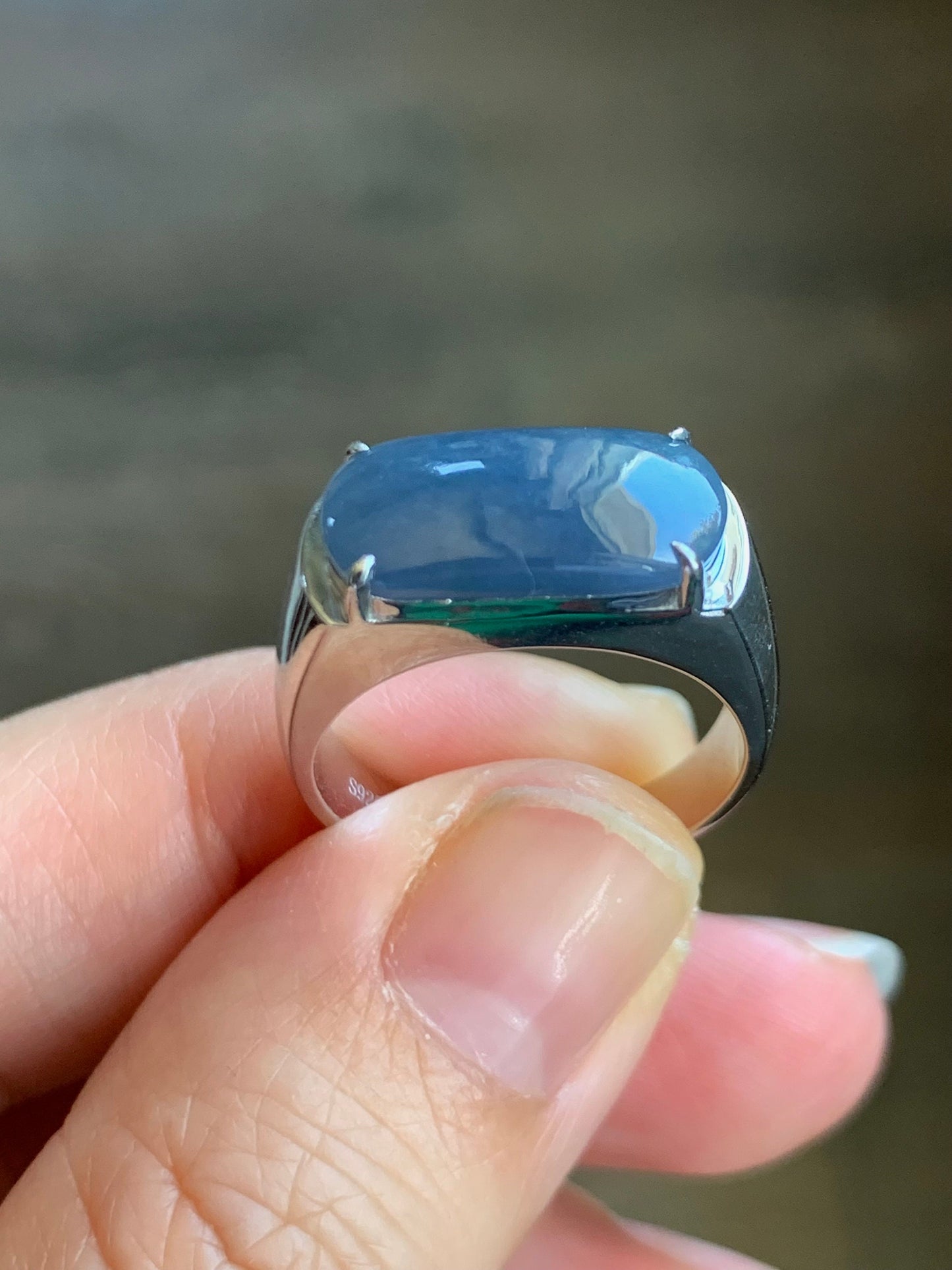 Certified Natural Guatemalan Intense Purplish Blue Jadeite Saddle Band Ring Size 8 Sterling Silver 9.13g 天然冰危浓蓝紫翡翠马鞍订制银镶戒指 1463