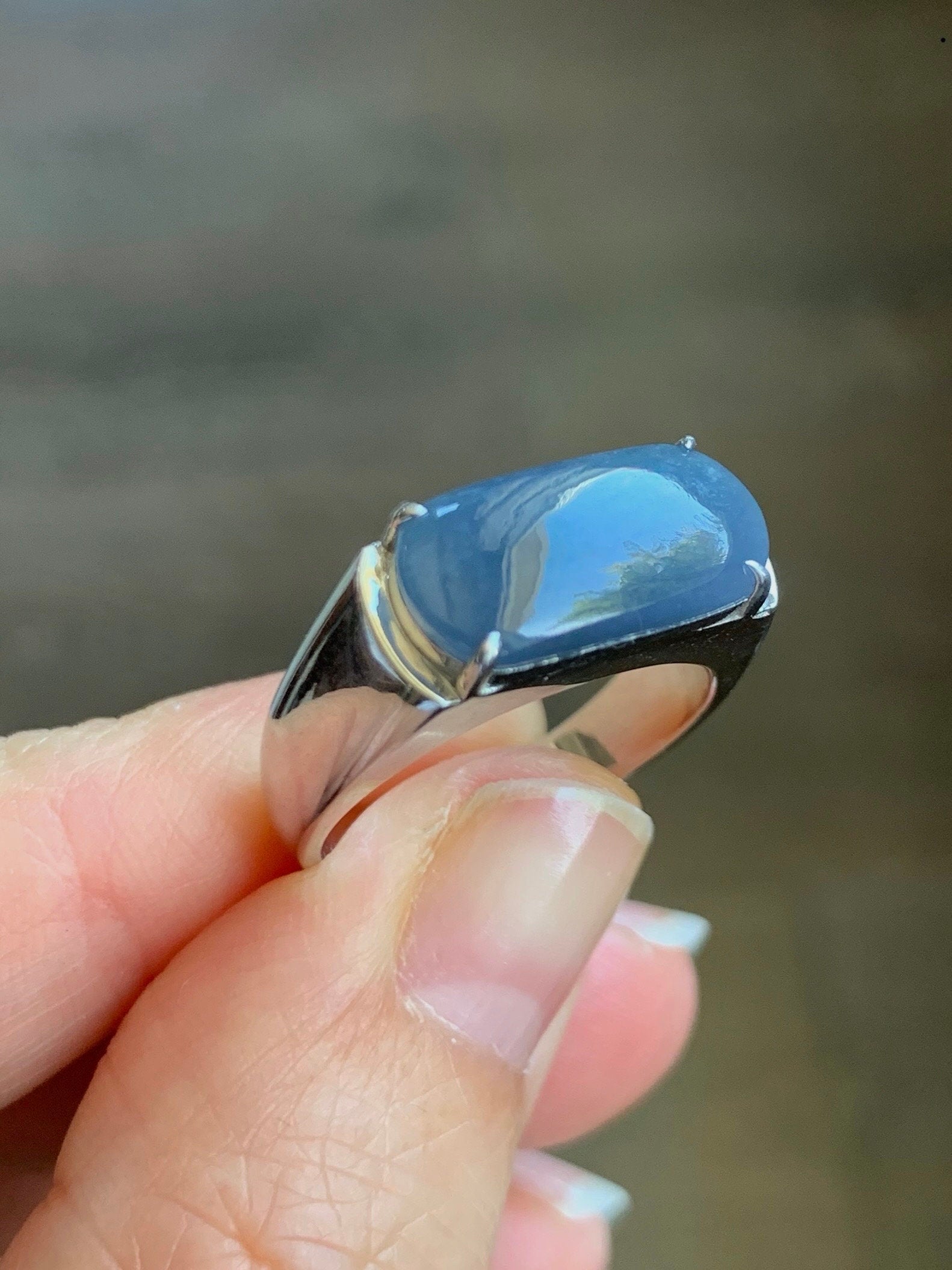 Certified Natural Guatemalan Intense Purplish Blue Jadeite Saddle Band Ring Size 8 Sterling Silver 9.13g 天然冰危浓蓝紫翡翠马鞍订制银镶戒指 1463