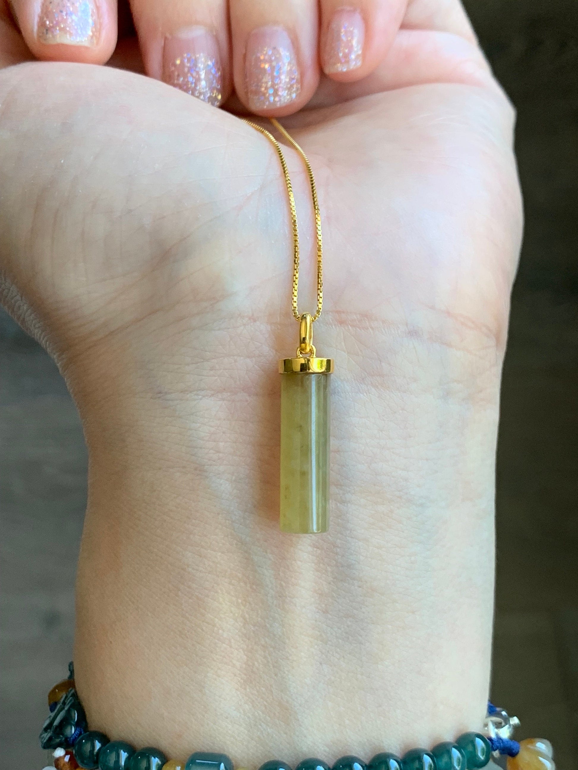 Certified Natural Burmese Icy Translucent Yellow Jadeite Pillar Cylinder Pendant 18K Yellow Gold 2.65g 天然缅甸冰黄翡翠圆柱镶嵌吊坠 7037