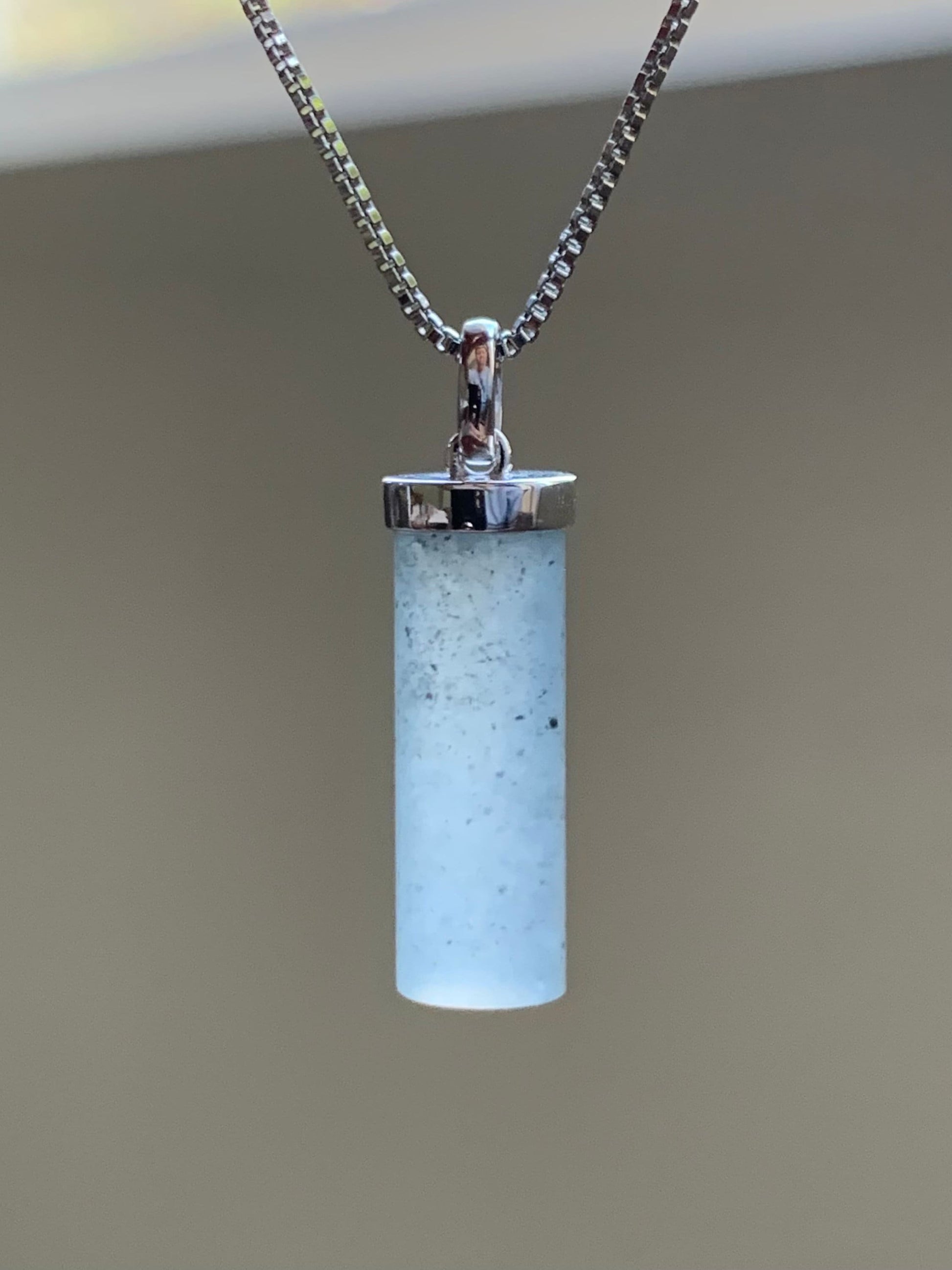 Certified Natural Burmese Icy Translucent Gelatinous Light Wuji Jadeite Cylinder Pendant 18K White Gold Bail 2.41g 天然缅甸冰乌鸡翡翠椭圆圆柱镶嵌吊坠 7036