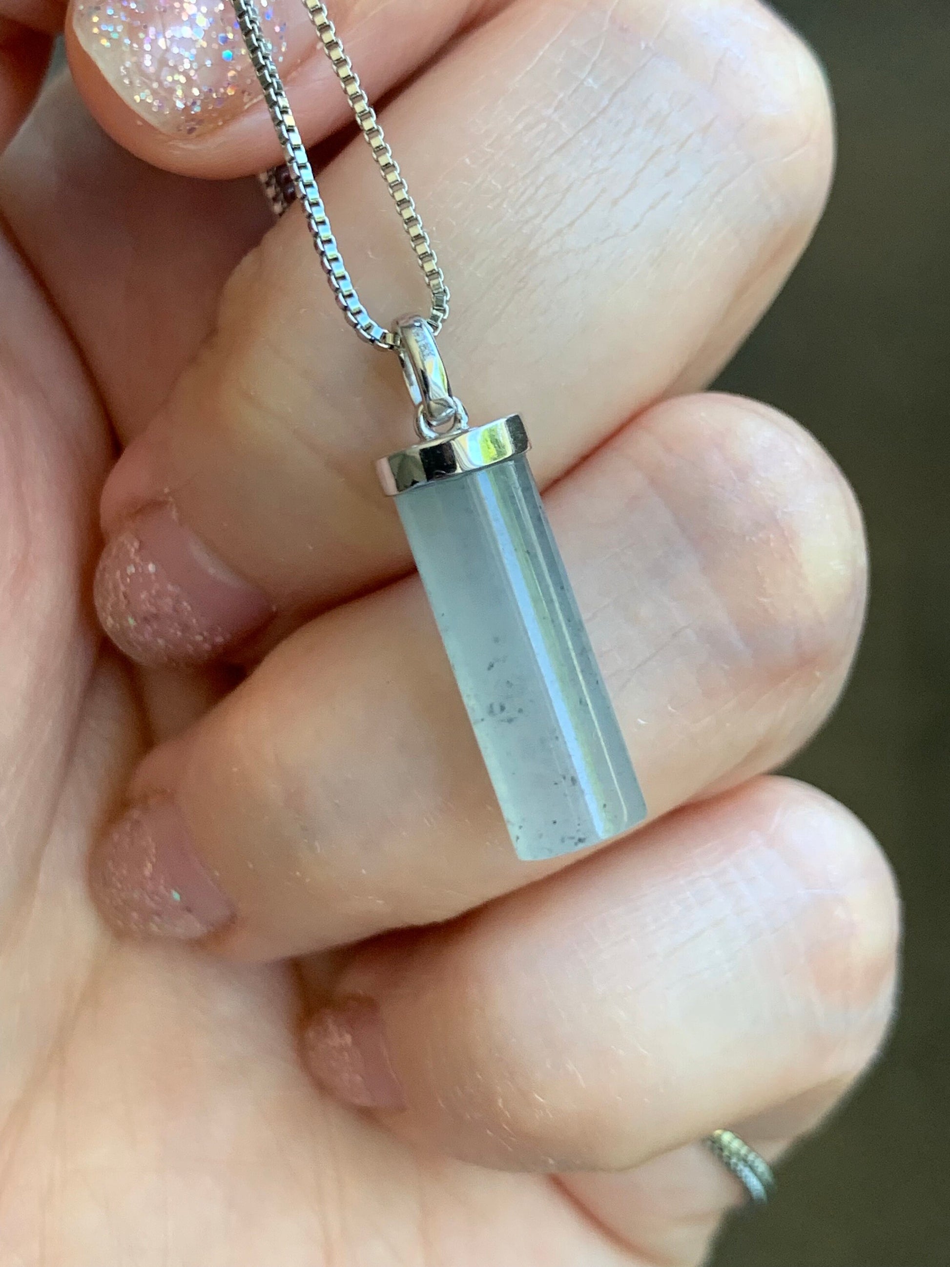 Certified Natural Burmese Icy Translucent Gelatinous Light Wuji Jadeite Cylinder Pendant 18K White Gold Bail 2.41g 天然缅甸冰乌鸡翡翠椭圆圆柱镶嵌吊坠 7036