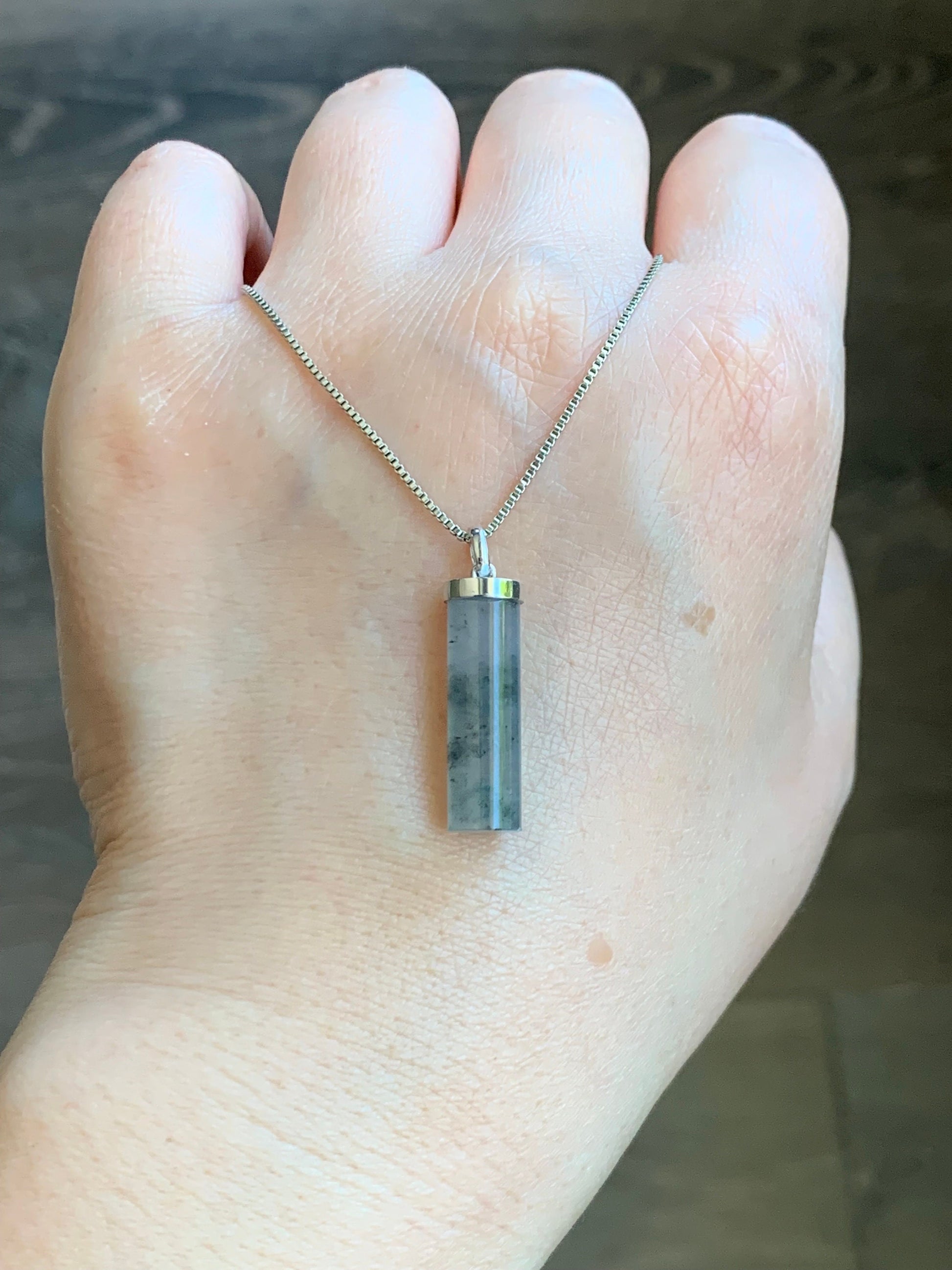 Certified Natural Burmese Icy Translucent Gelatinous Wuji Jadeite Cylinder Pendant 18K White Gold Bail 2.71g 天然缅甸冰乌鸡翡翠椭圆圆柱镶嵌吊坠 7038