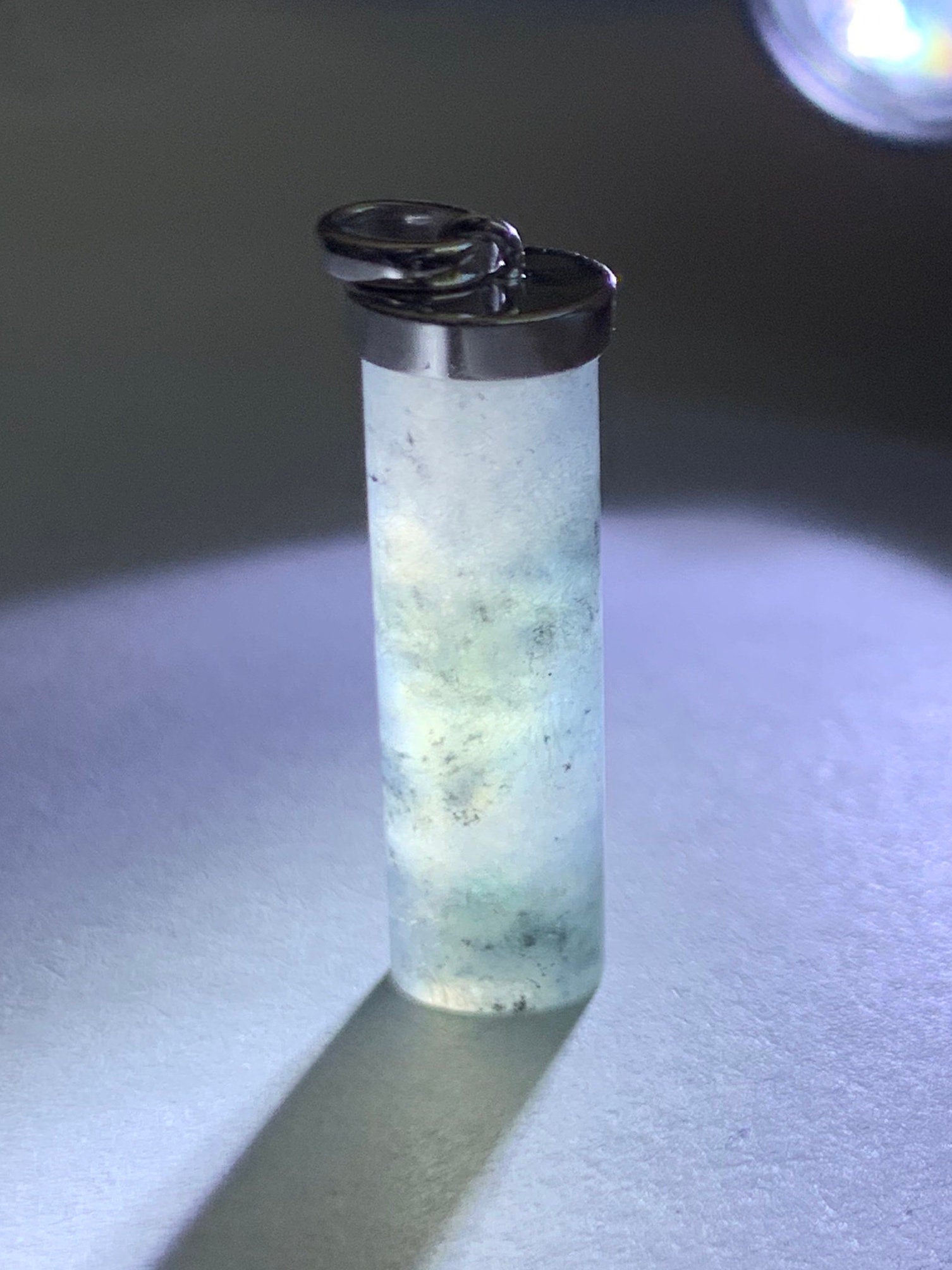 Certified Natural Burmese Icy Translucent Gelatinous Wuji Jadeite Cylinder Pendant 18K White Gold Bail 2.71g 天然缅甸冰乌鸡翡翠椭圆圆柱镶嵌吊坠 7038
