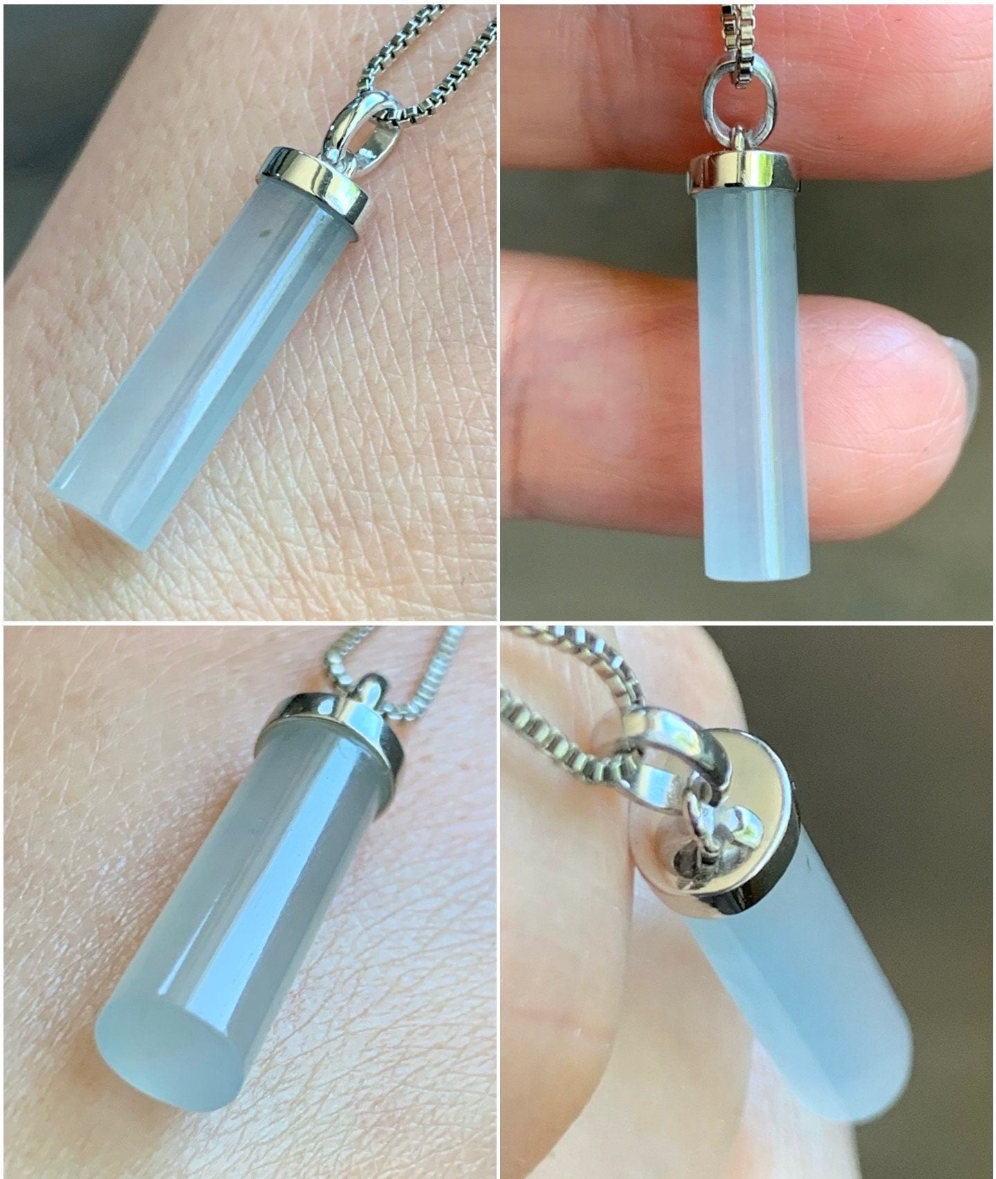 Certified Natural Burmese Icy Translucent Gelatinous White Jadeite Cylinder Pendant 18K White Gold Bail 2.11g 天然缅甸白冰胶翡翠椭圆圆柱镶嵌吊坠 7035